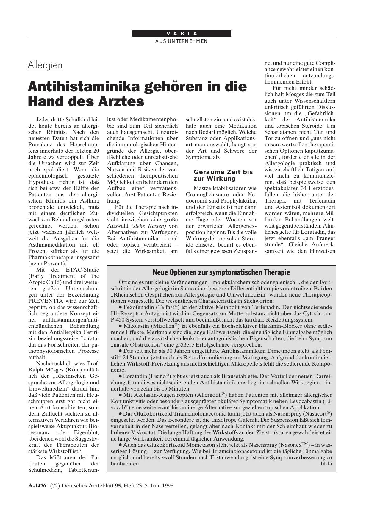 Vorschauseite 1: Allergien: Antihistaminika gehören in die Hand des Arztes