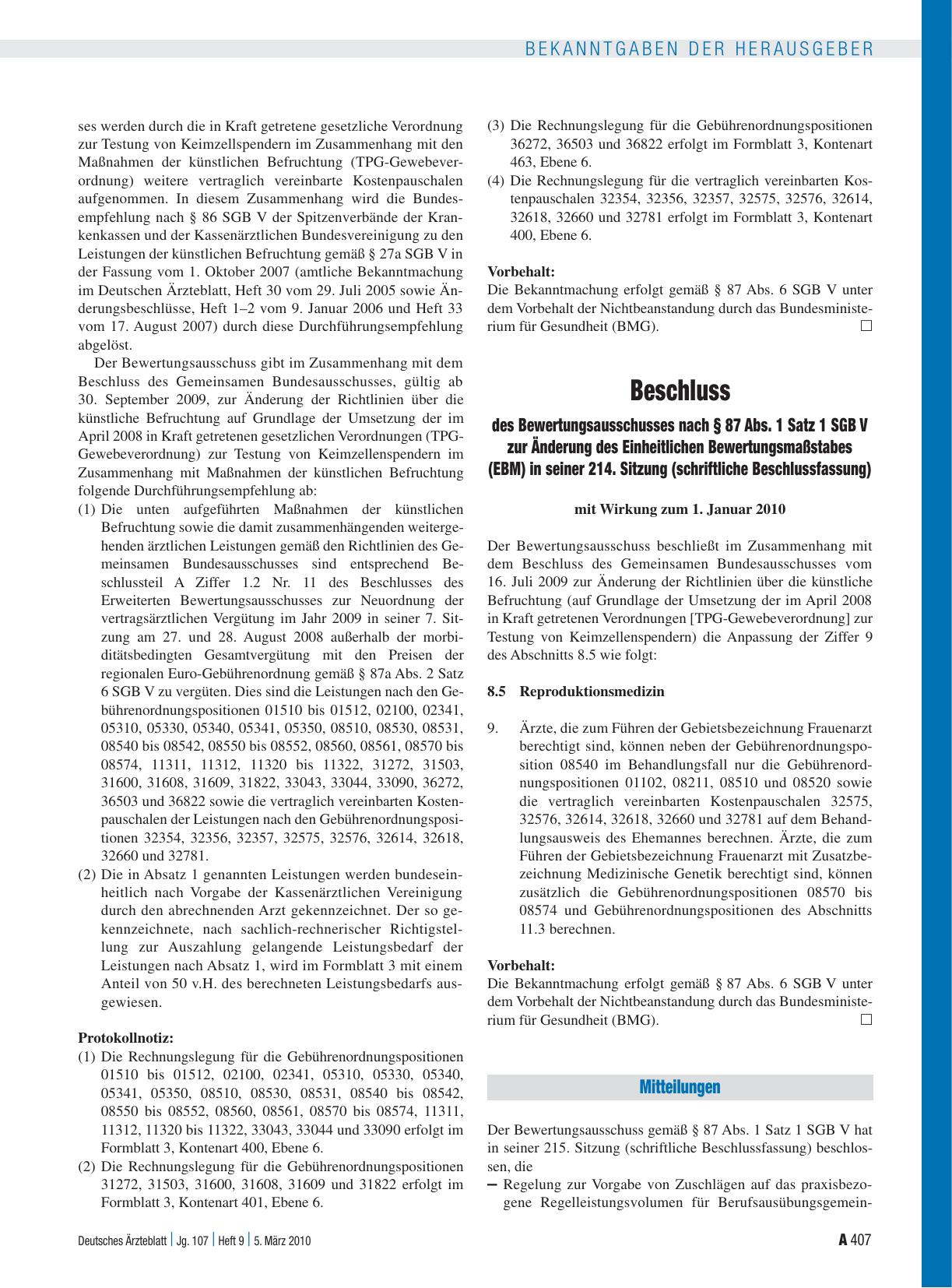 Vorschauseite 1: Beschluss des Bewertungsausschusses nach § 87 Abs. 1 Satz 1 SGB V zur Änderung des Einheitlichen Bewertungsmaßstabes (EBM) in seiner 214. Sitzung (schriftliche Beschlussfassung) m…