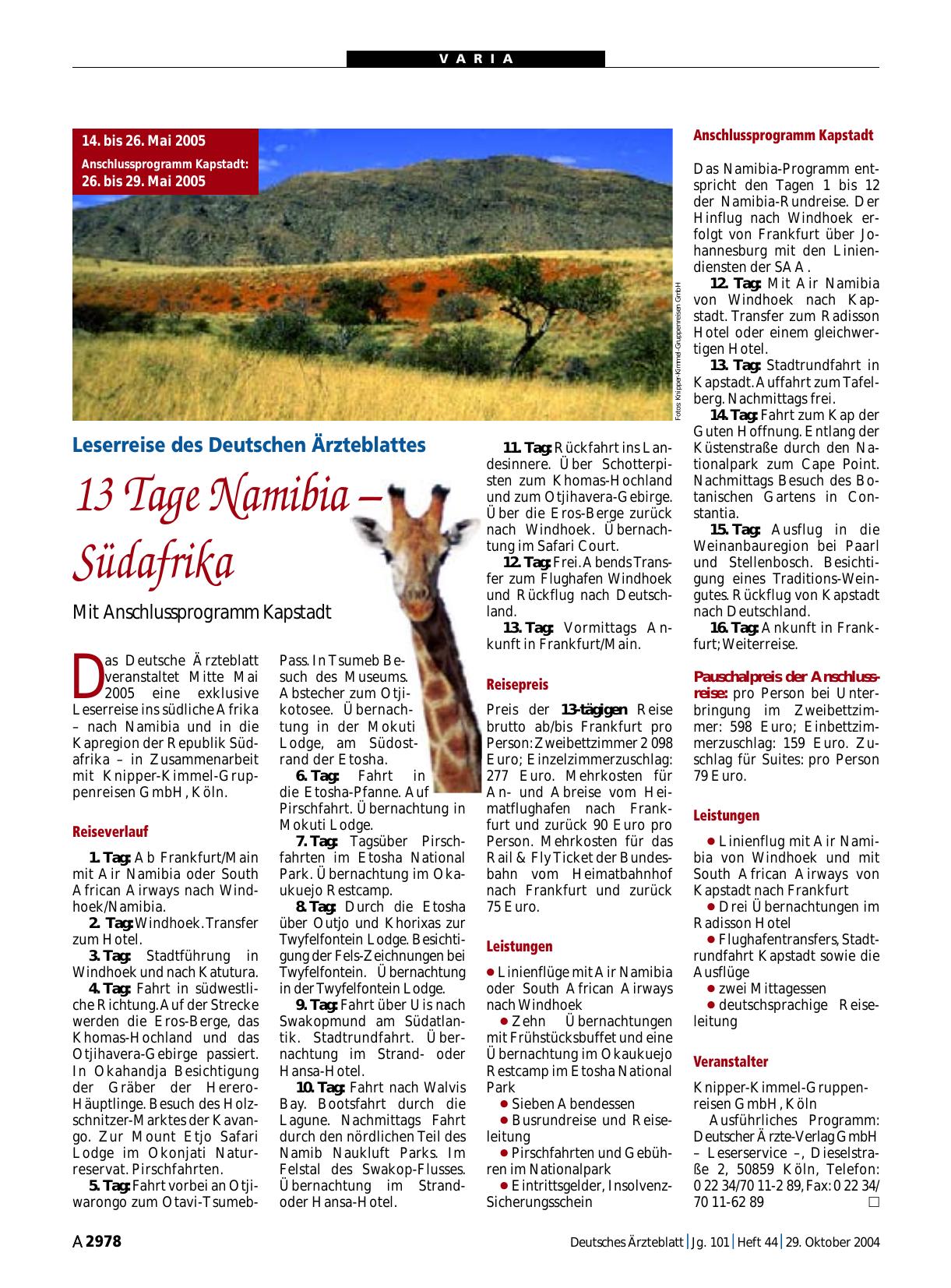Vorschauseite 1: Leserreise des Deutschen Ärzteblattes: 13 Tage Namibia – Südafrika