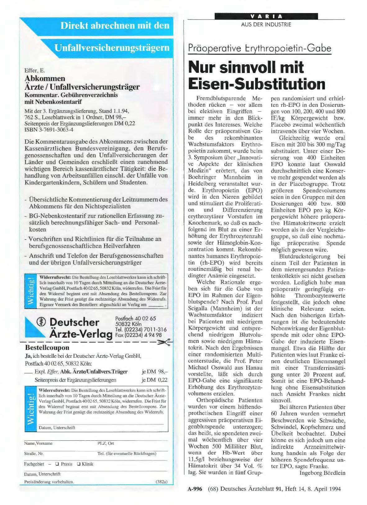 Vorschauseite 1: Präoperative Erythropoietin-Gabe: Nur sinnvoll mit Eisen-Substitution