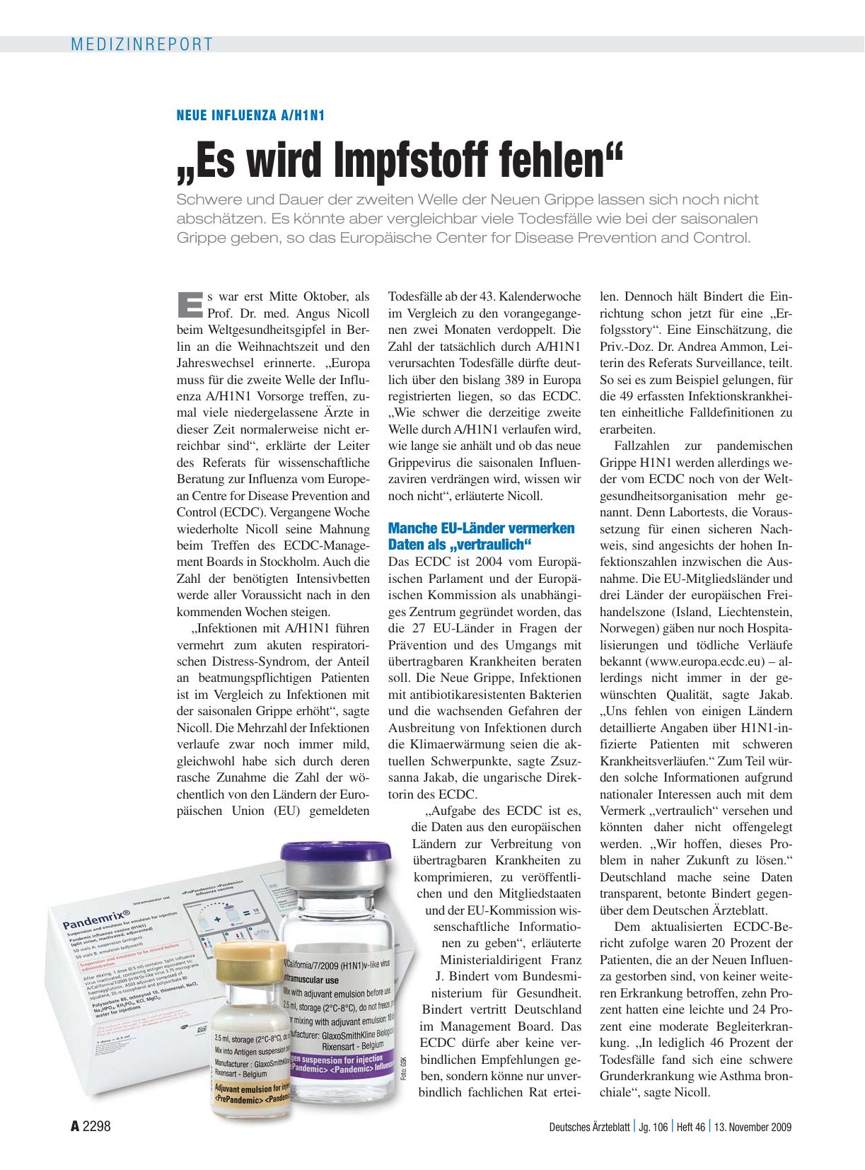 Vorschauseite 1: Neue Influenza A/H1N1: „Es wird Impfstoff fehlen“