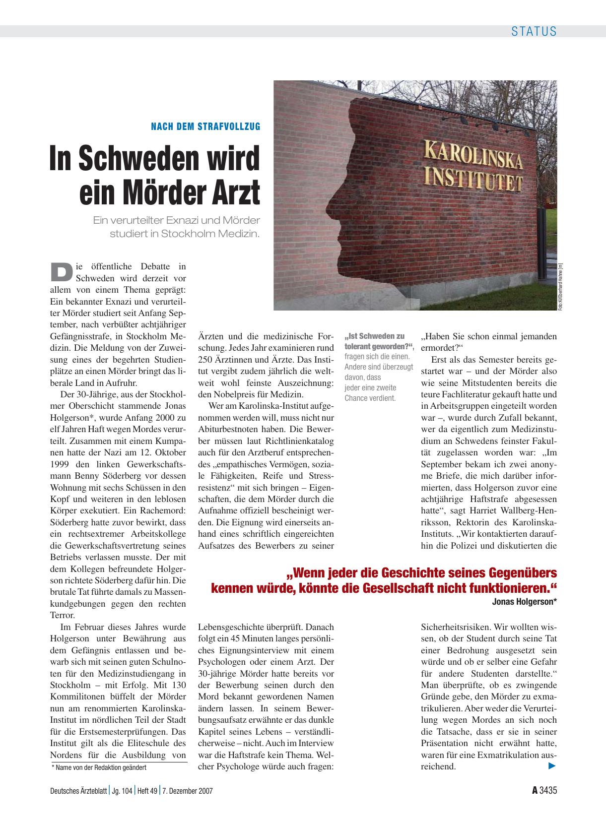 Vorschauseite 1: Nach dem Strafvollzug: In Schweden wird ein Mörder Arzt