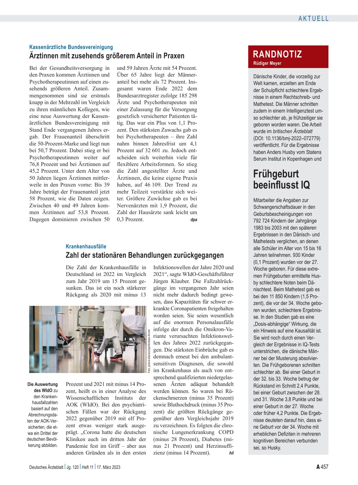 Vorschauseite 1: Kassenärztliche Bundesvereinigung: Ärztinnen mit zunehmend größerem Anteil in Praxen