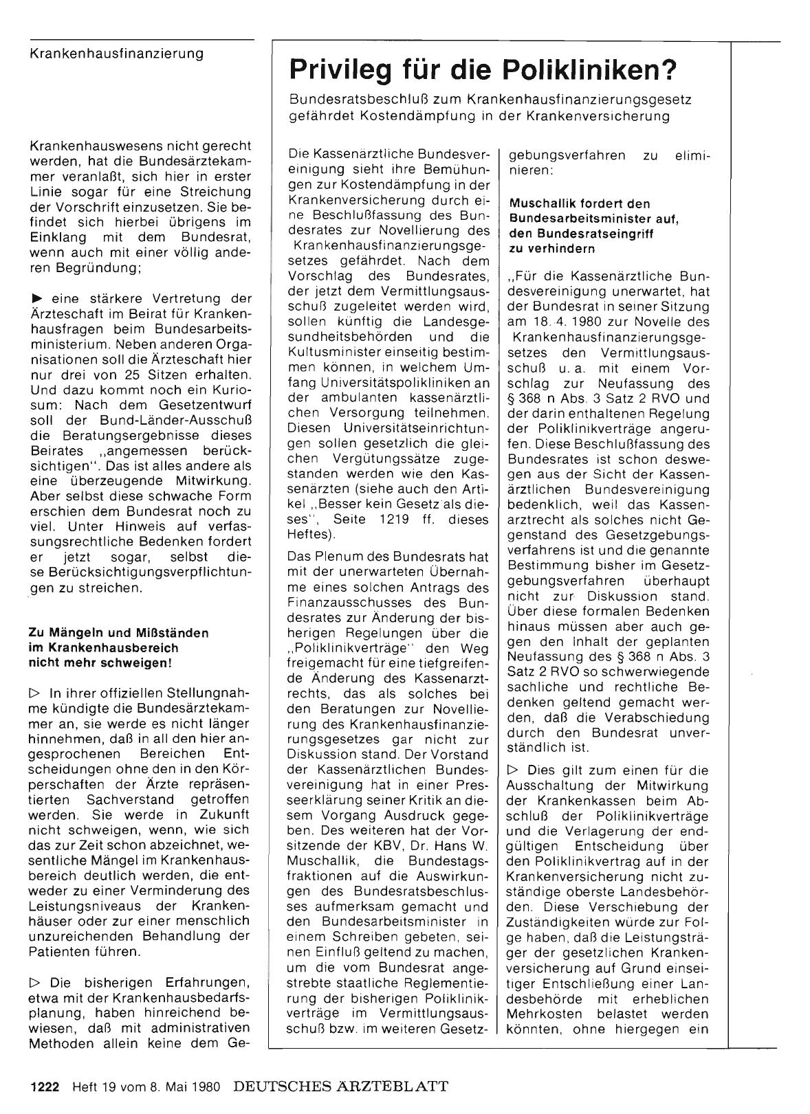 Vorschauseite 1: Privileg für die Polikliniken? Bundesratsbeschluß zum Krankenhausfinanzierungsgesetz gefährdet Kostendämpfung in der Krankenversicherung
