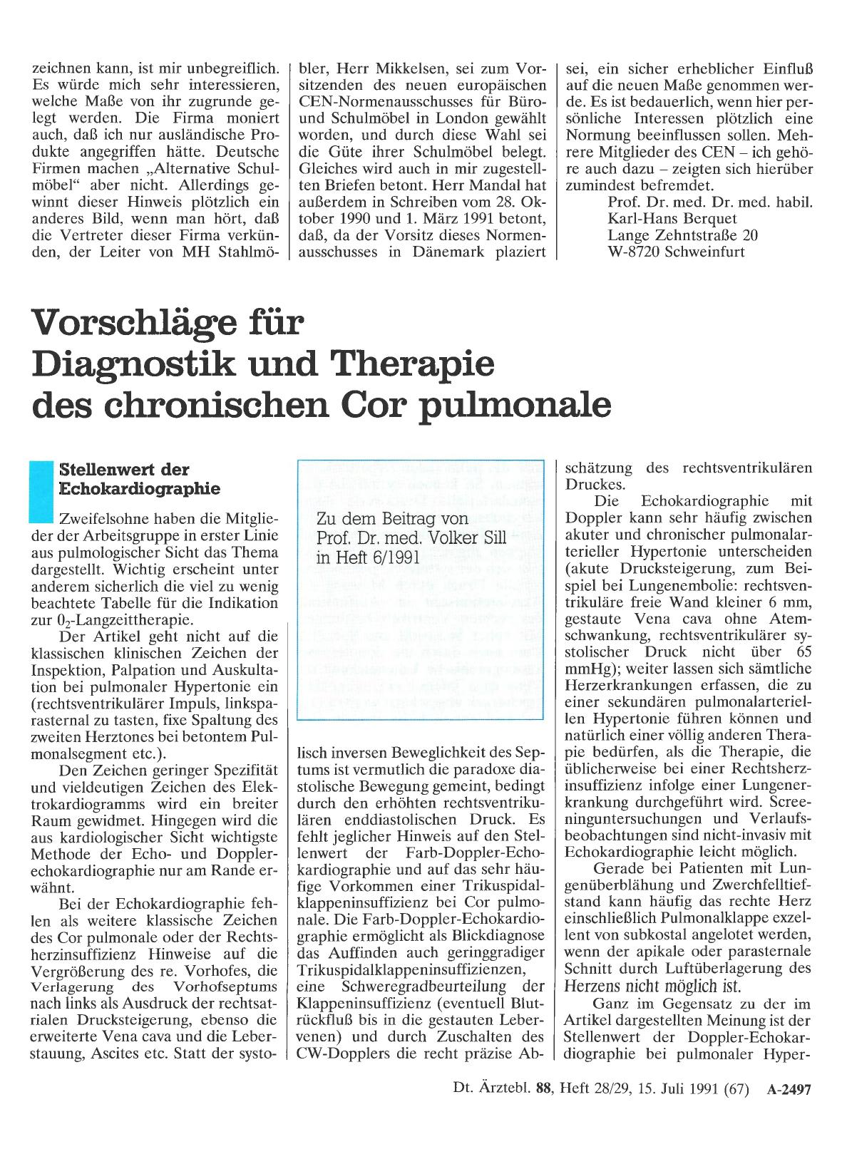 Vorschauseite 1: Vorschläge für Diagnostik und Therapie des chronischen Cor pulmonale: Stellenwert der Echokardiographie