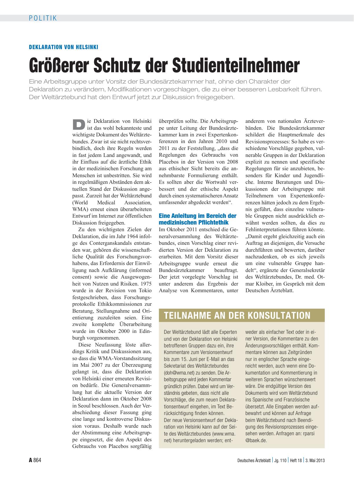 Vorschauseite 1: Deklaration von Helsinki: Größerer Schutz der Studienteilnehmer