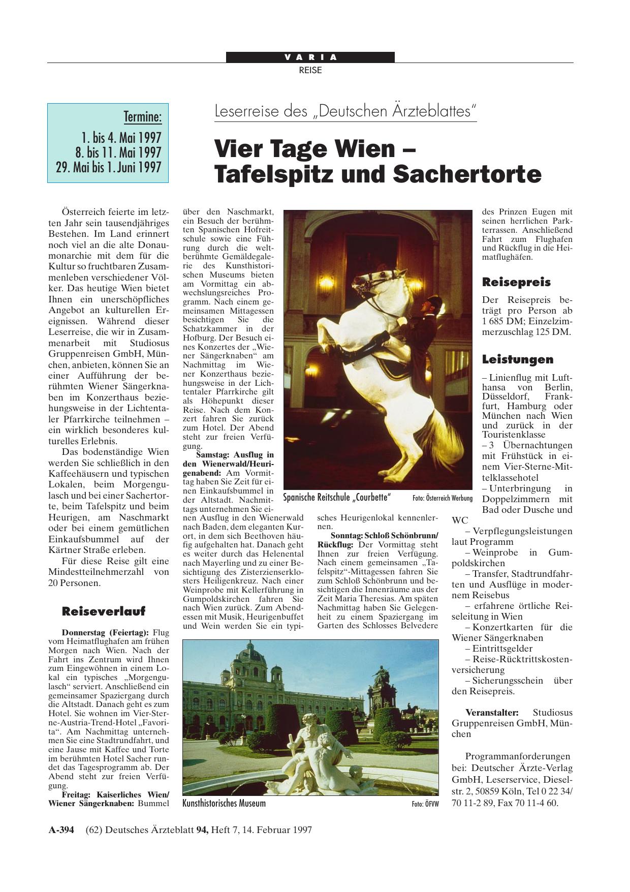 Vorschauseite 1: Leserreise des „Deutschen Ärzteblattes“: Vier Tage Wien - Tafelspitz und Sachertorte