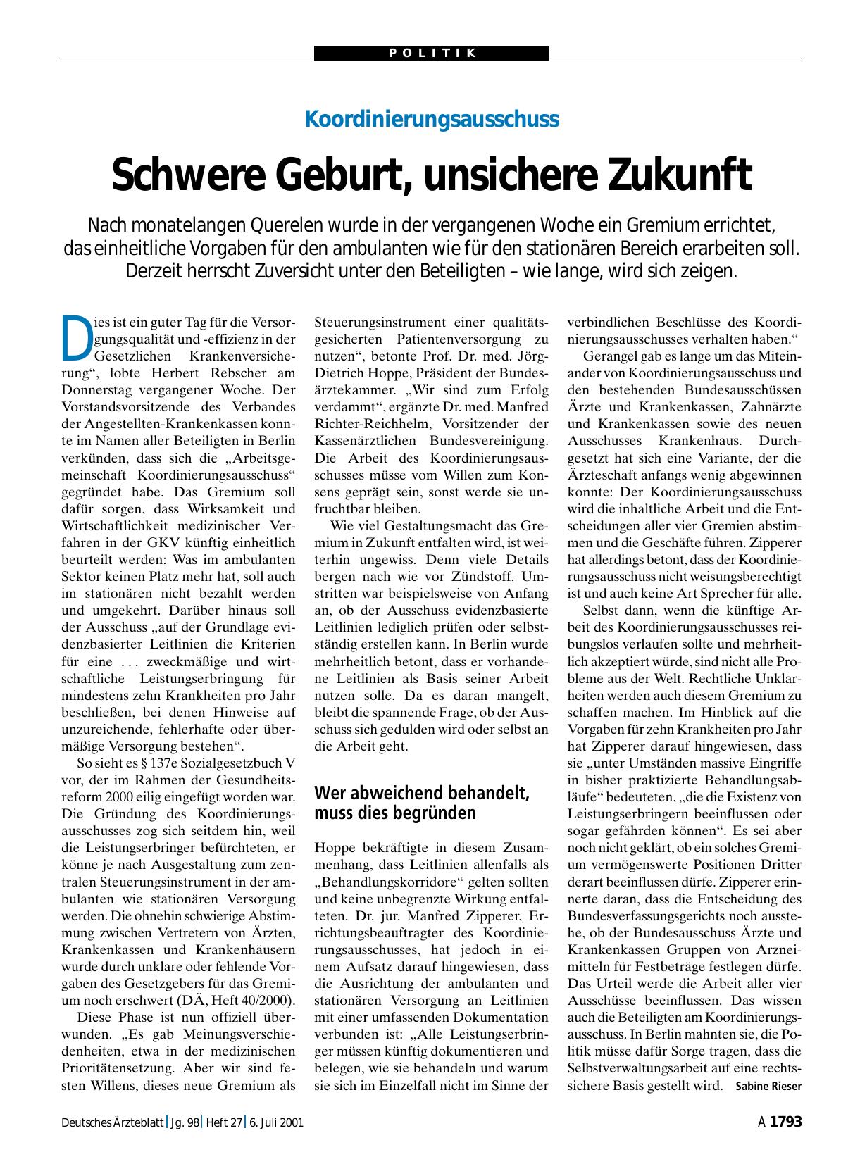 Vorschauseite 1: Koordinierungsausschuss: Schwere Geburt, unsichere Zukunft