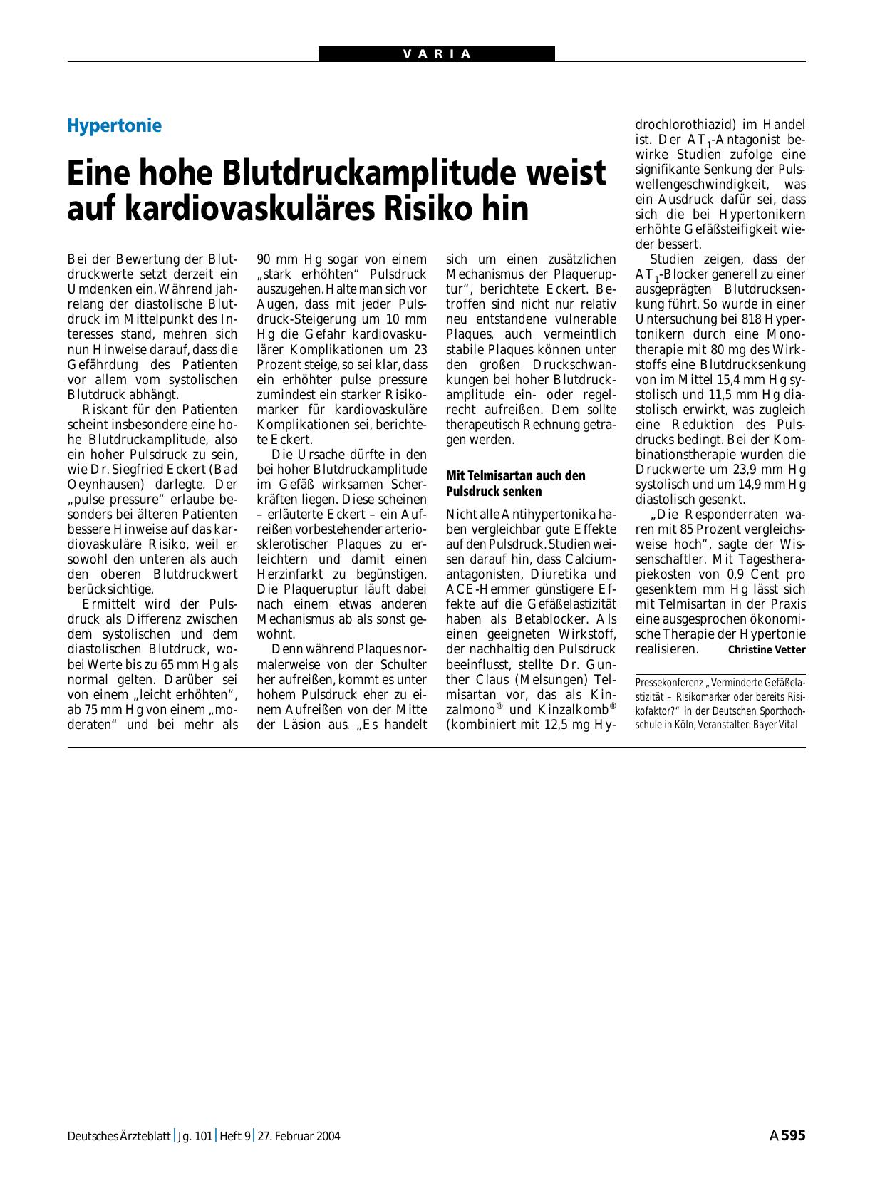 Vorschauseite 1: Hypertonie: Eine hohe Blutdruckamplitude weist auf kardiovaskuläres Risiko hin