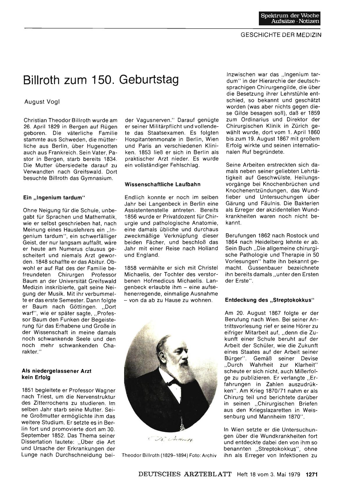 Vorschauseite 1: Billroth zum 150. Geburtstag