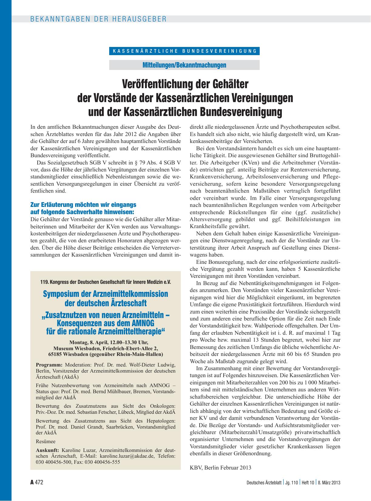 Vorschauseite 1: Veröffentlichung der Gehälter der Vorstände der Kassenärztlichen Vereinigungen und der Kassenärztlichen Bundesvereinigung