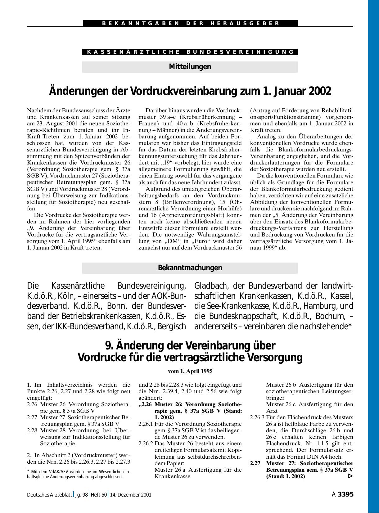 Vorschauseite 1: Mitteilungen: Änderungen der Vordruckvereinbarung zum 1. Januar 2002