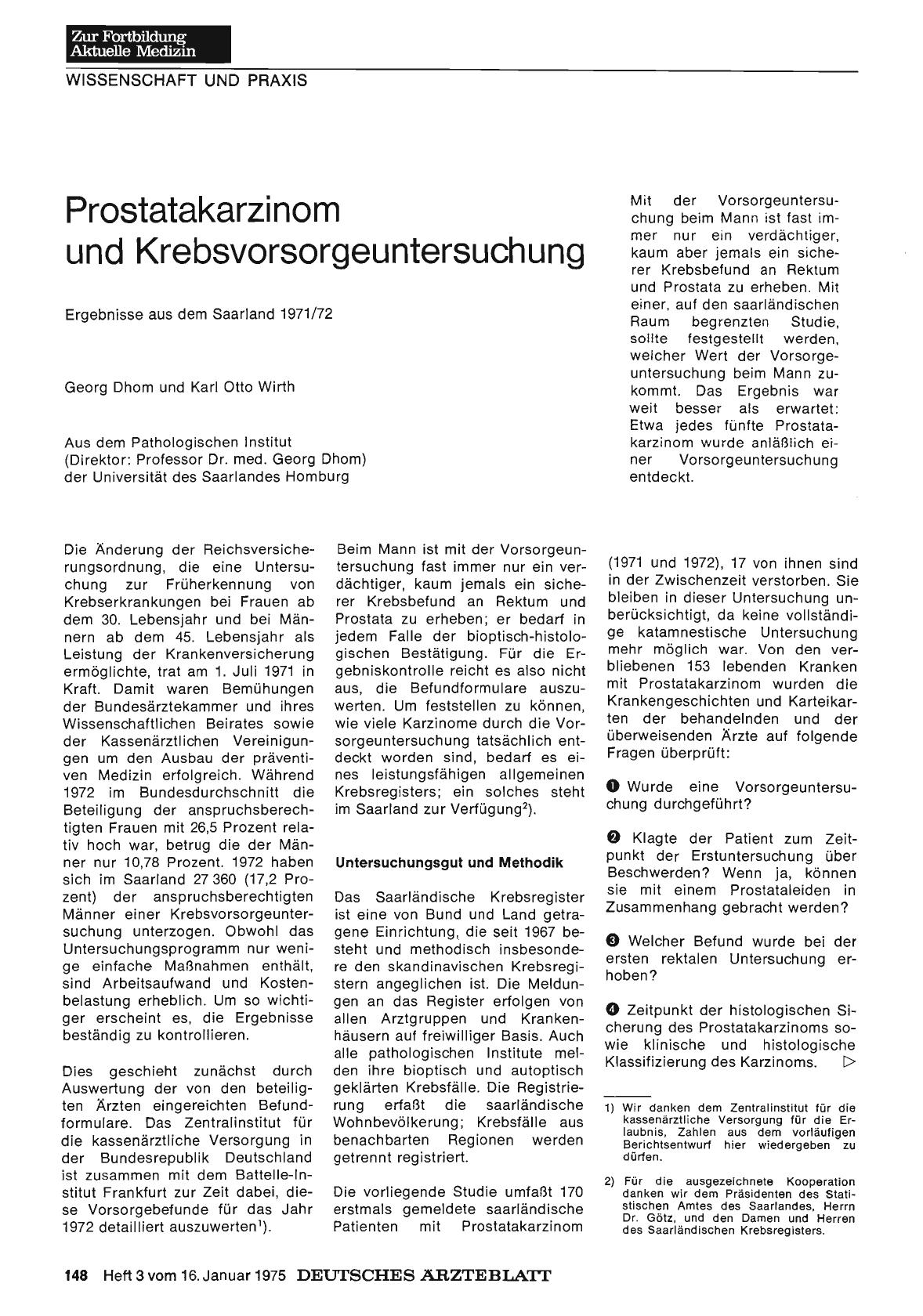 Vorschauseite 1: Prostatakarzinom und Krebsvorsorgeuntersuchung: Ergebnisse aus dem Saarland 1971/72
