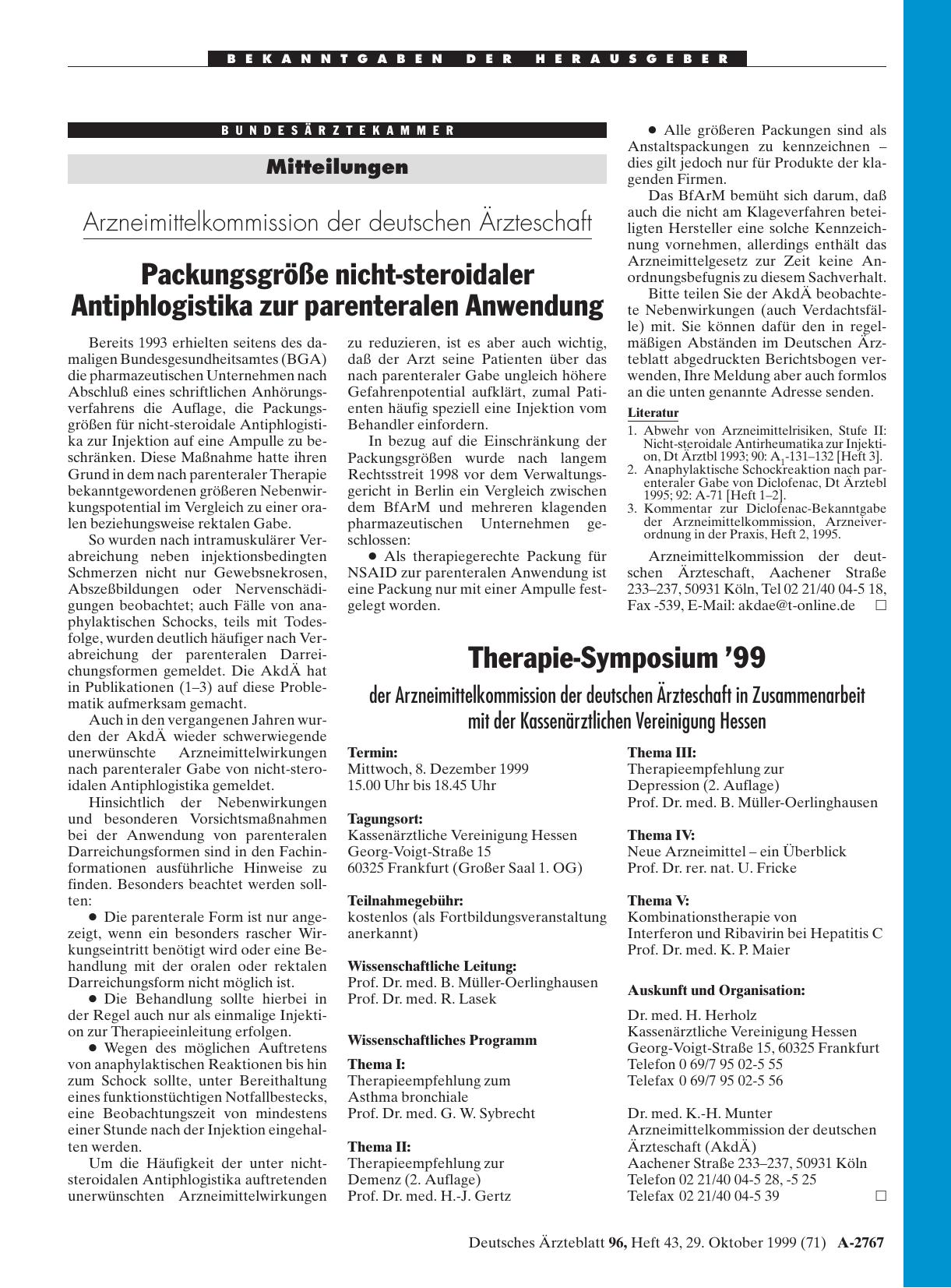 Vorschauseite 1: Arzneimittelkommission der deutschen Ärzteschaft: Packungsgröße nicht-steroidaler Antiphlogistika zur parenteralen Anwendung