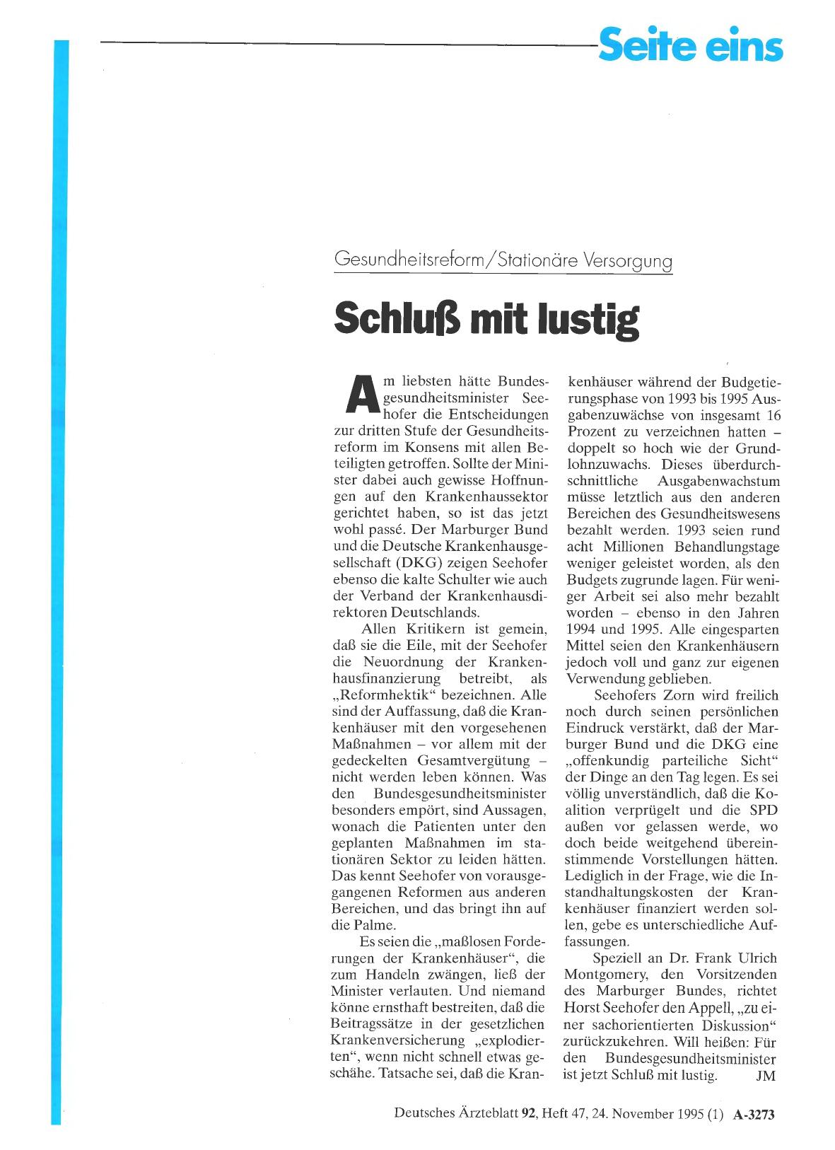 Vorschauseite 1: Gesundheitsreform/Stationäre Versorgung: Schluß mit lustig