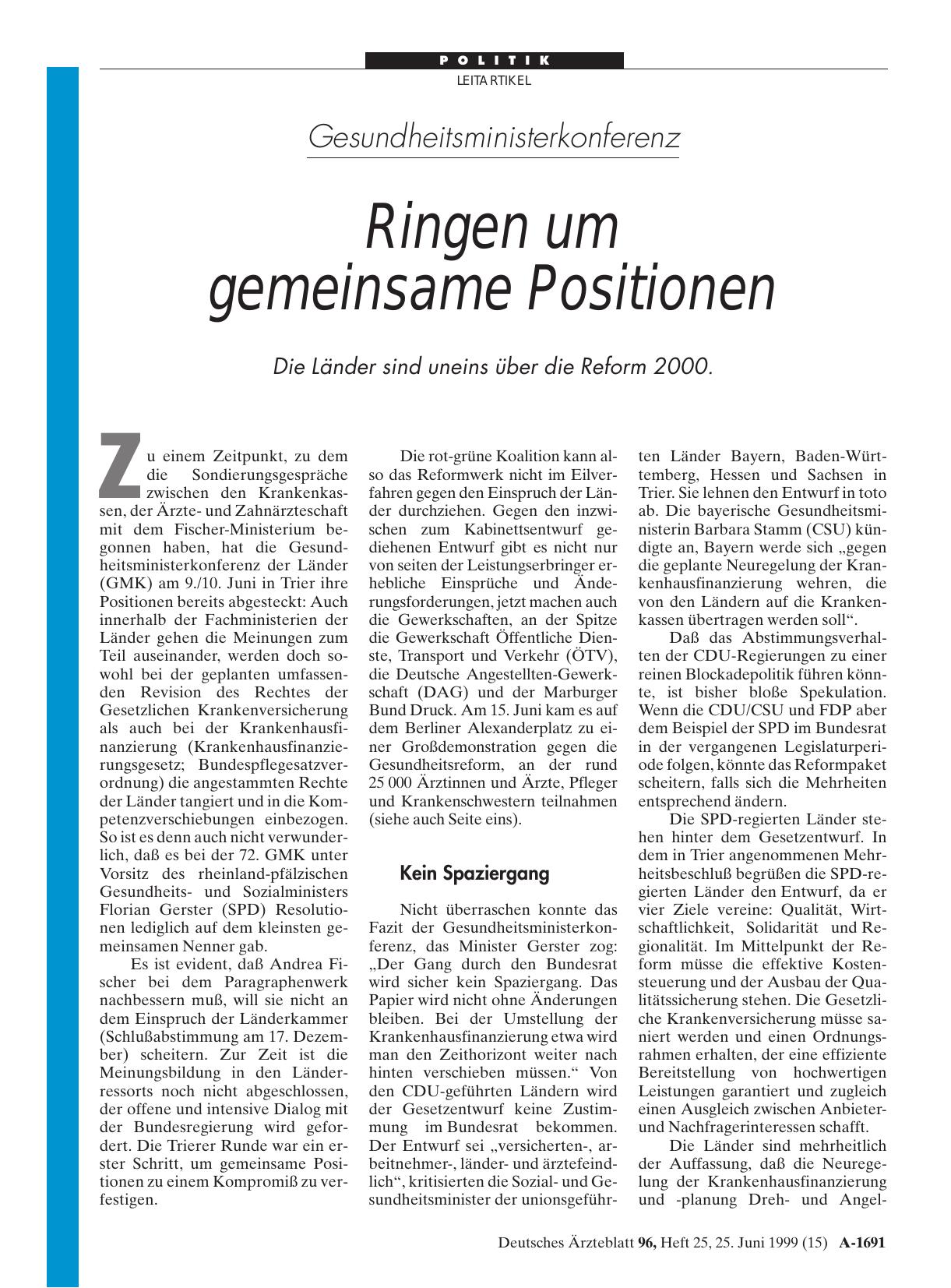 Vorschauseite 1: Gesundheitsministerkonferenz: Ringen um gemeinsame Positionen