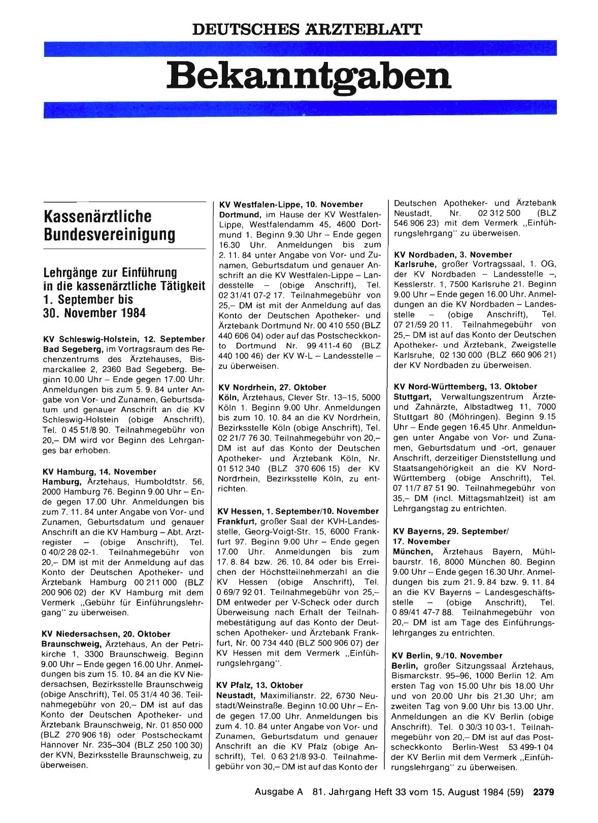 Vorschauseite 1: Lehrgänge zur Einführung in die kassenärztliche Tätigkeit 1. September bis 30. November 1984