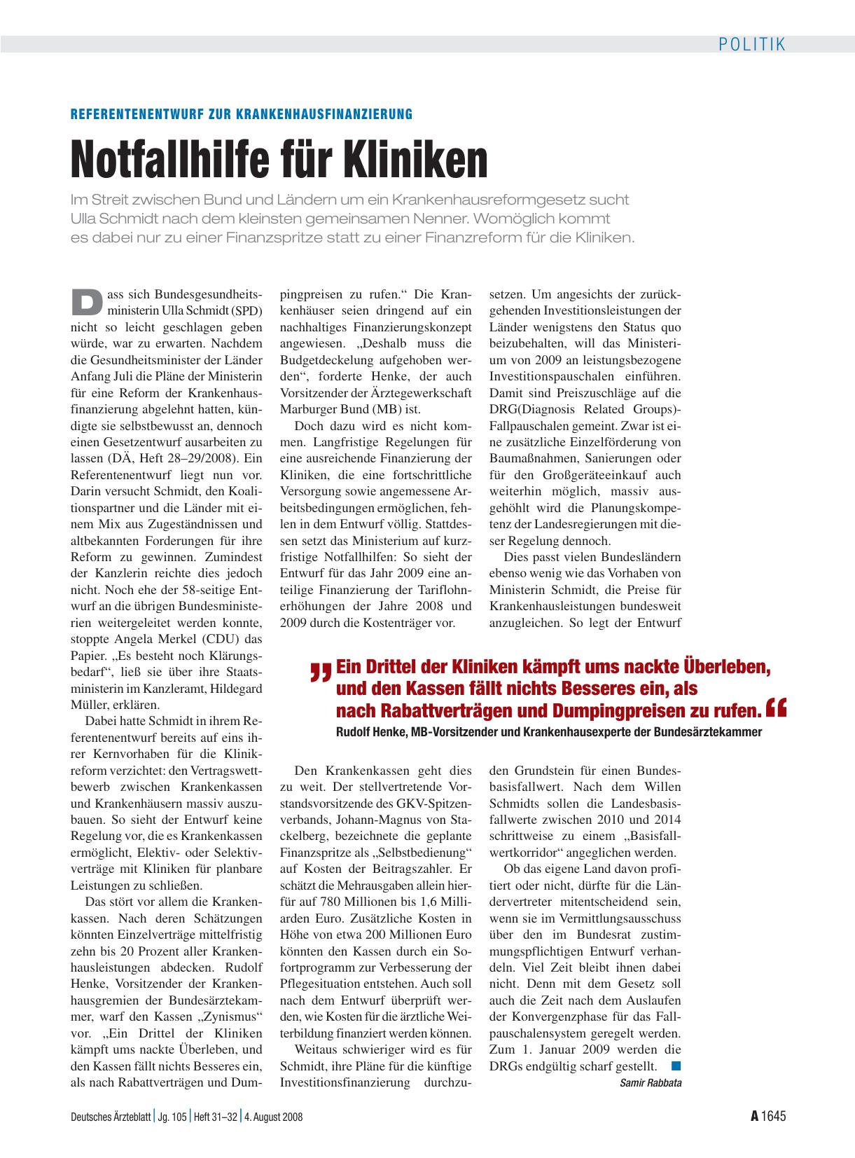 Vorschauseite 1: Referentenentwurf zur Krankenhausfinanzierung: Notfallhilfe für Kliniken