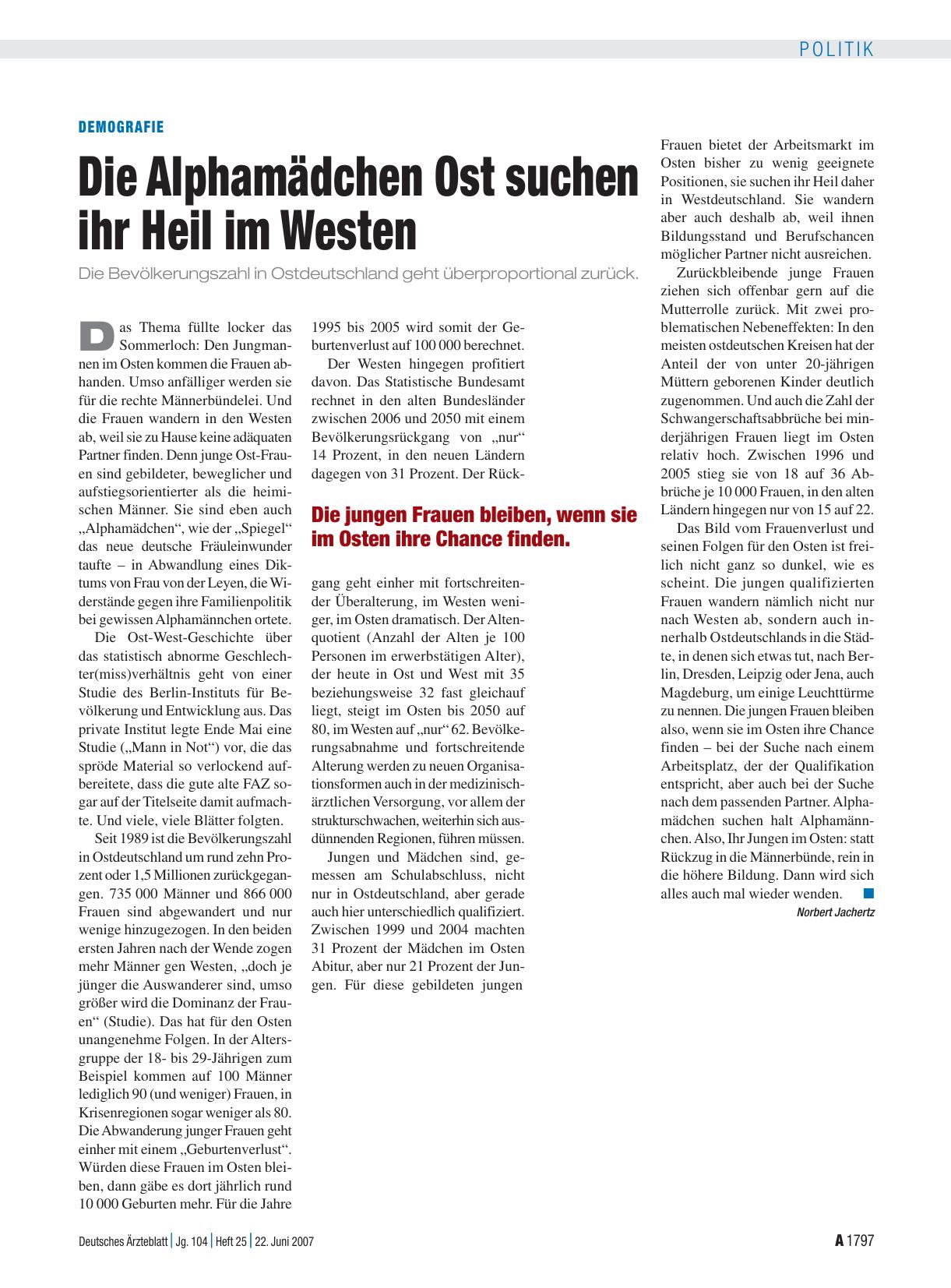 Vorschauseite 1: Demografie: Die Alphamädchen Ost suchen ihr Heil im Westen