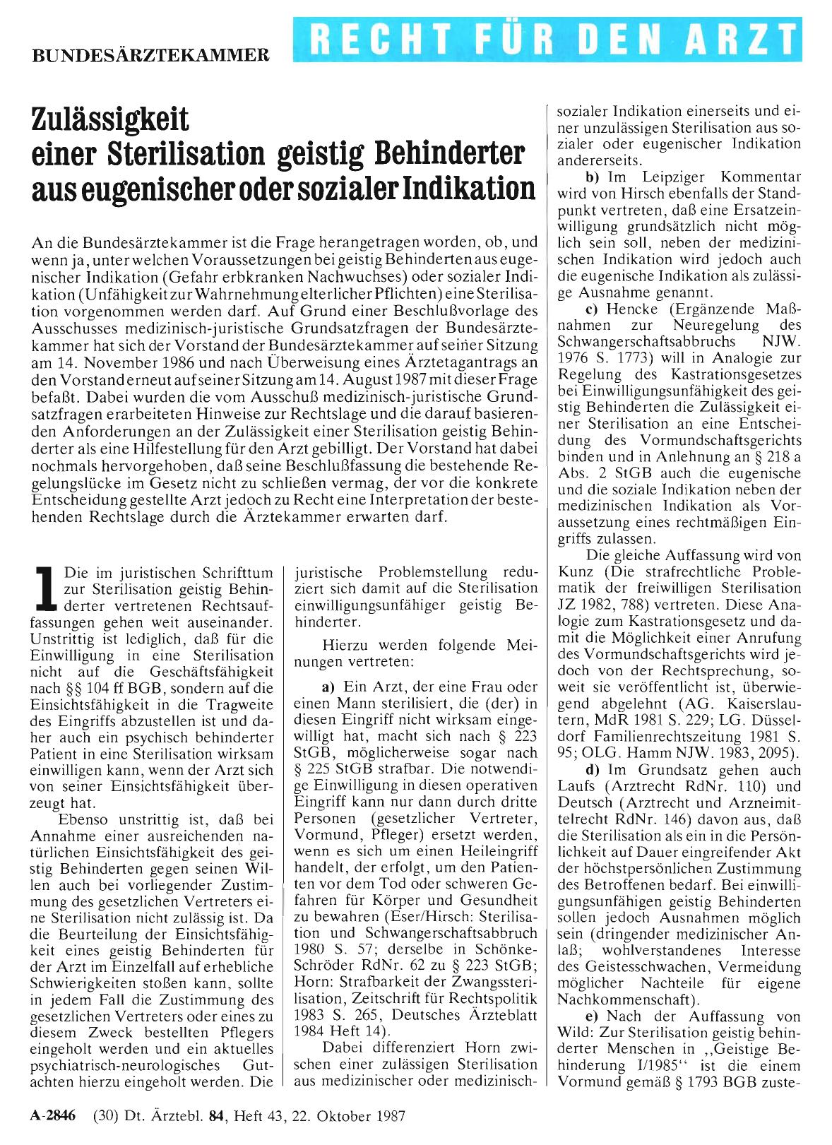 Vorschauseite 1: Zulässigkeit einer Sterilisation geistig Behinderter aus eugenischer oder sozialer Indikation