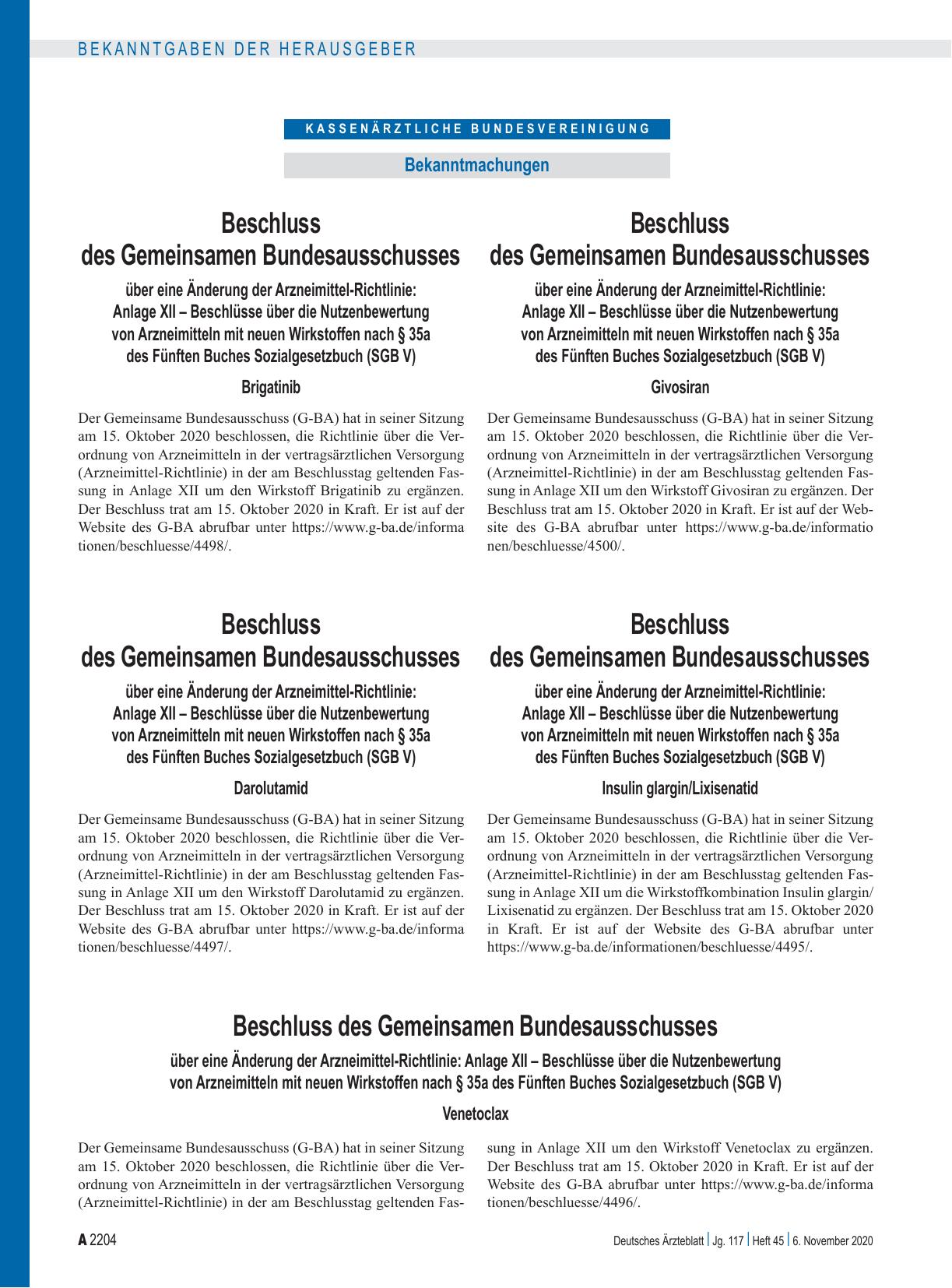 Vorschauseite 1: Beschluss des Gemeinsamen Bundesausschusses über eine Änderung der Arzneimittel-Richtlinie: Anlage XII – Insulin glargin/Lixisenatid