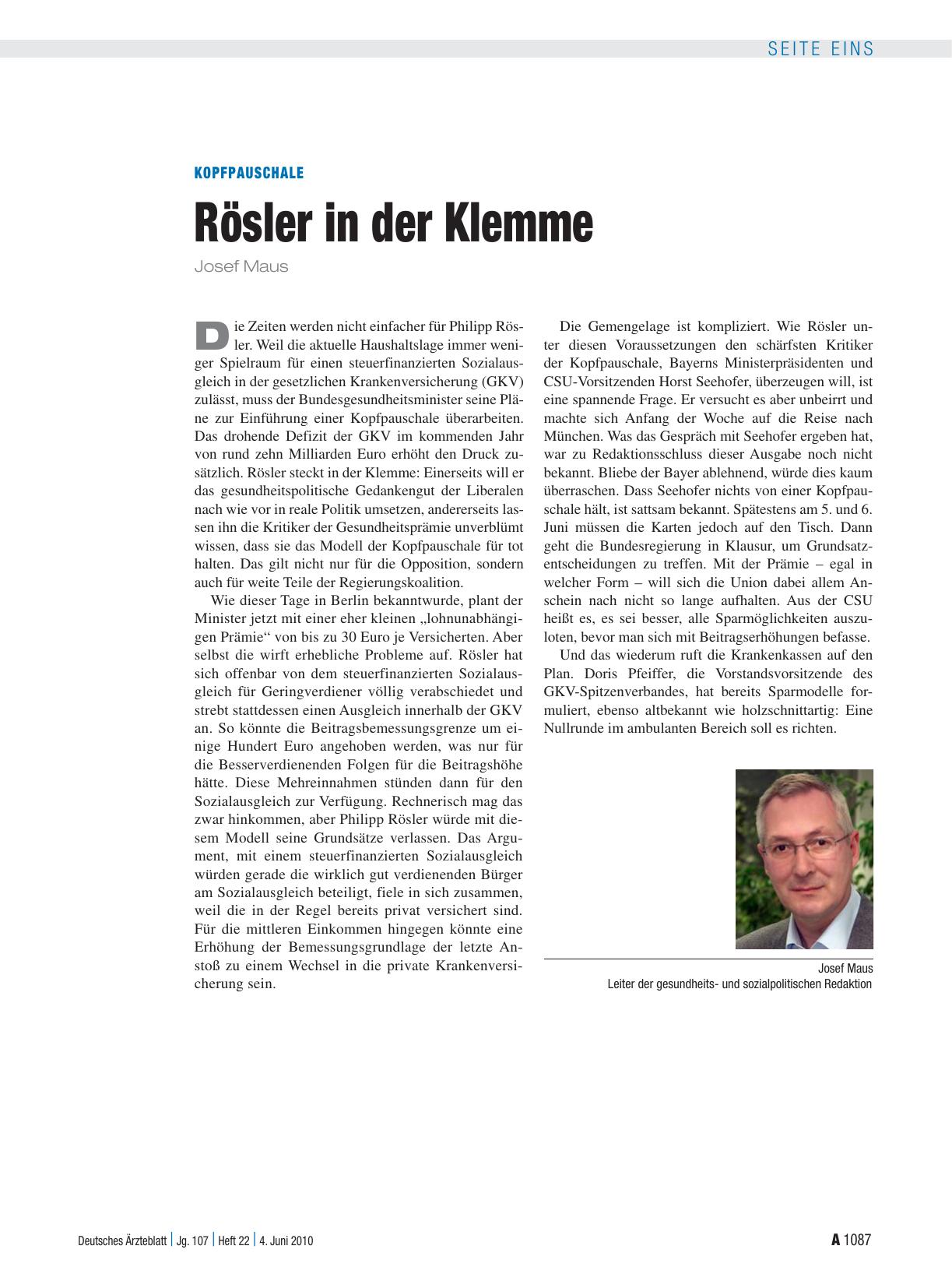 Vorschauseite 1: Kopfpauschale: Rösler in der Klemme