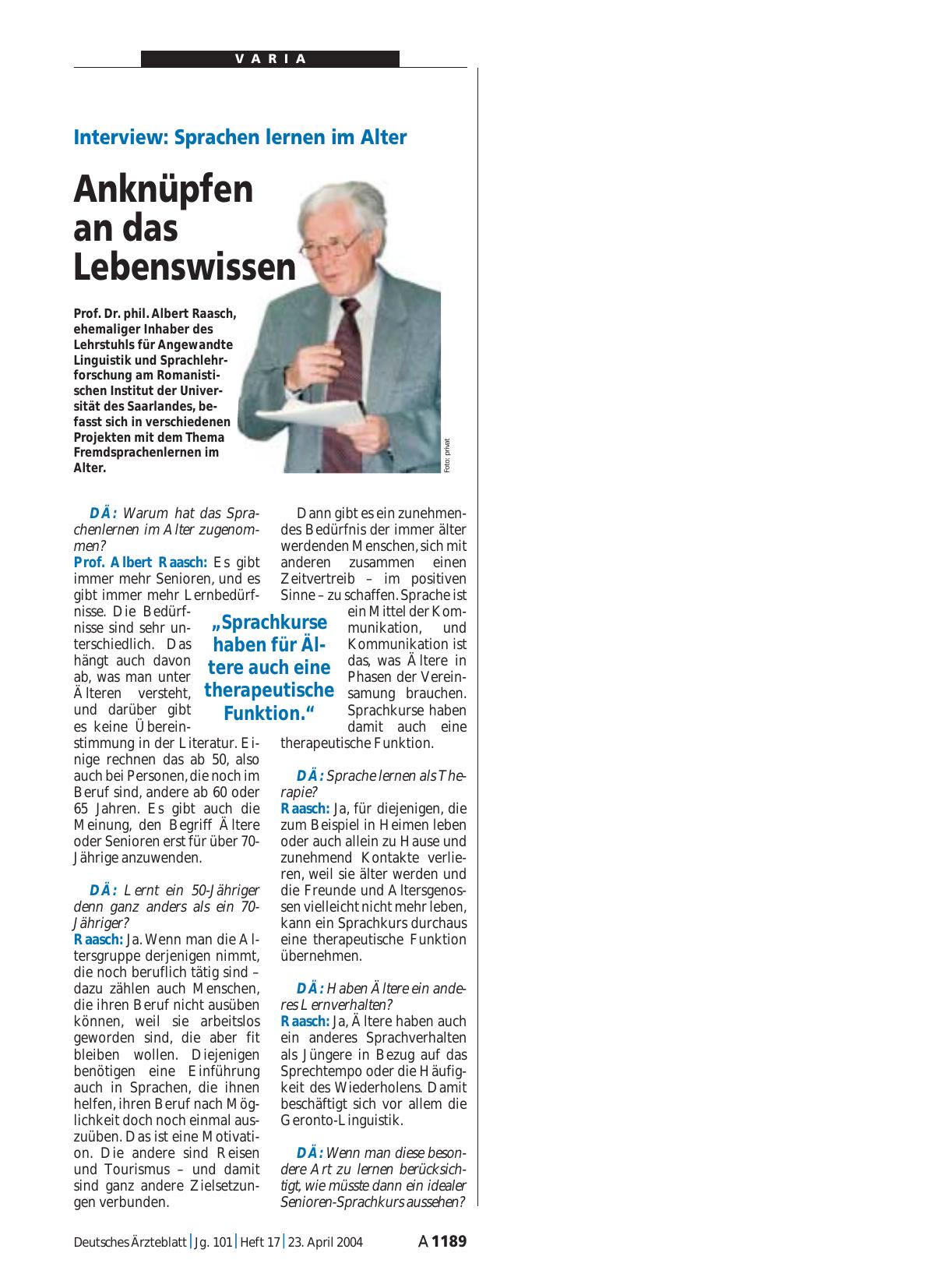 Vorschauseite 1: Interview – Sprachen lernen im Alter: Anknüpfen an das Lebenswissen