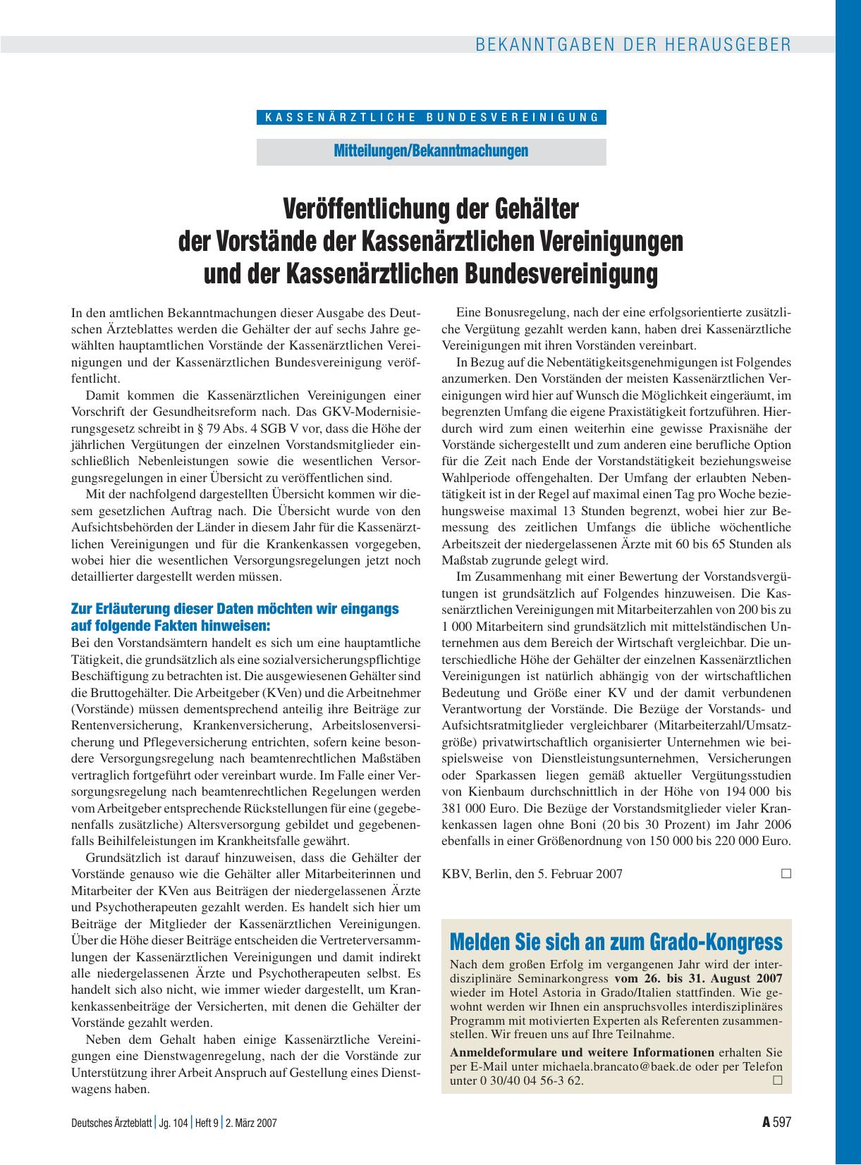 Vorschauseite 1: Mitteilungen/Bekanntmachungen: Veröffentlichung der Gehälter der Vorstände der Kassenärztlichen Vereinigungen und der Kassenärztlichen Bundesvereinigung