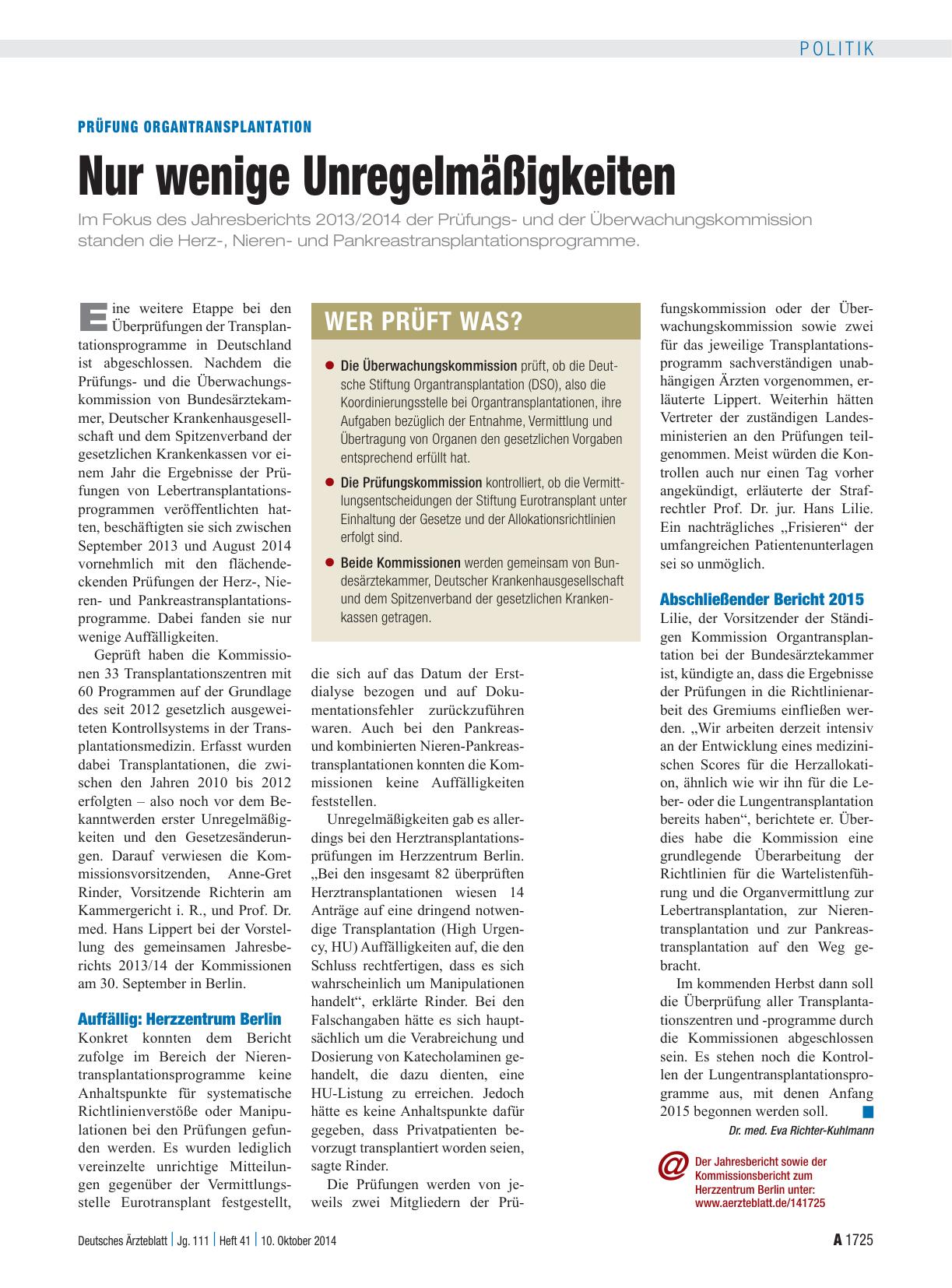 Vorschauseite 1: Prüfung Organtransplantation: Nur wenige Unregelmäßigkeiten