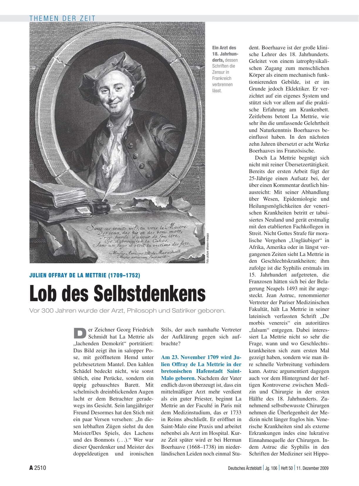 Vorschauseite 1: Julien Offray de La Mettrie (1709 – 1752): Lob des Selbstdenkens