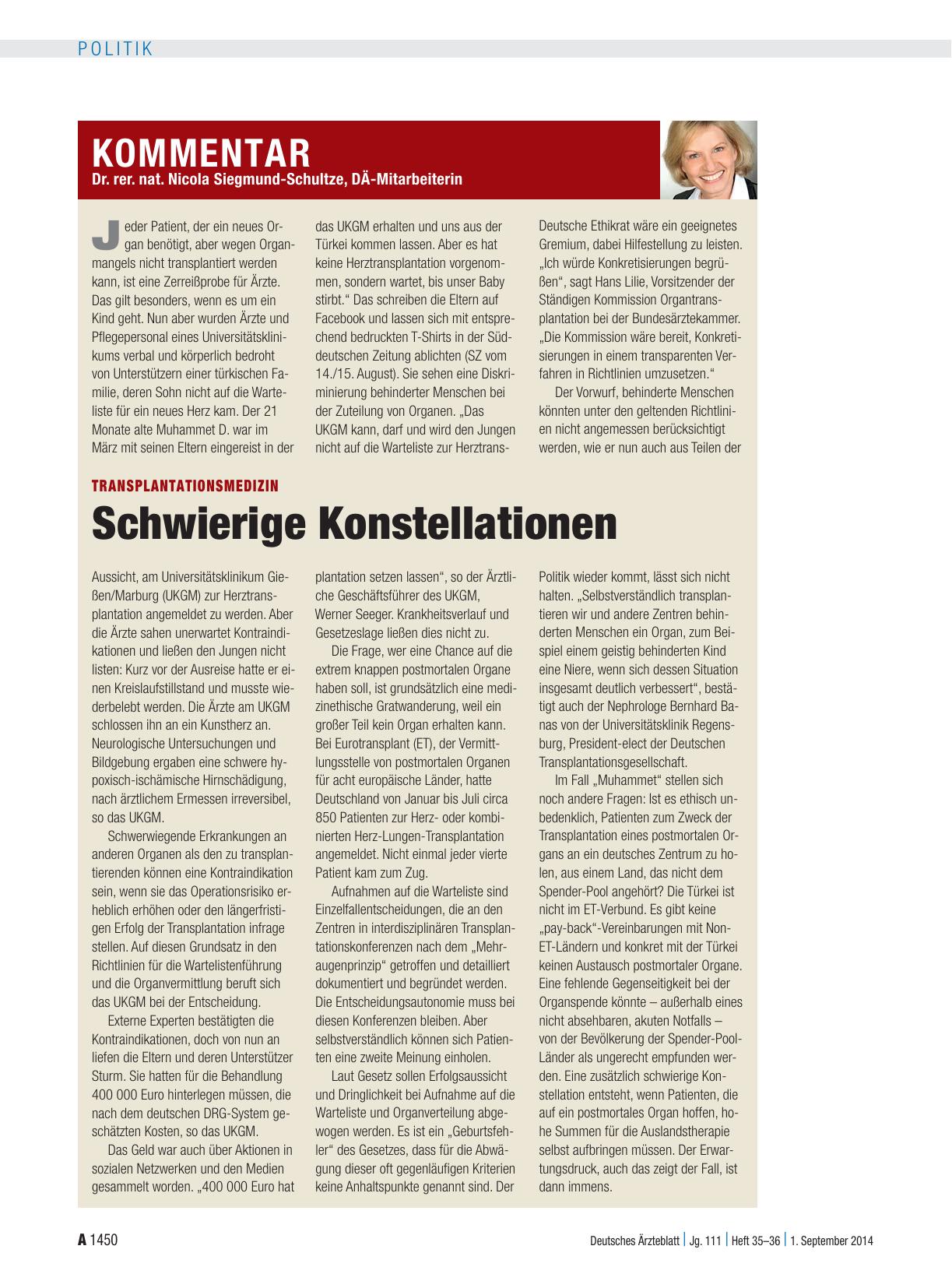 Vorschauseite 1: Transplantationsmedizin: Schwierige Konstellationen