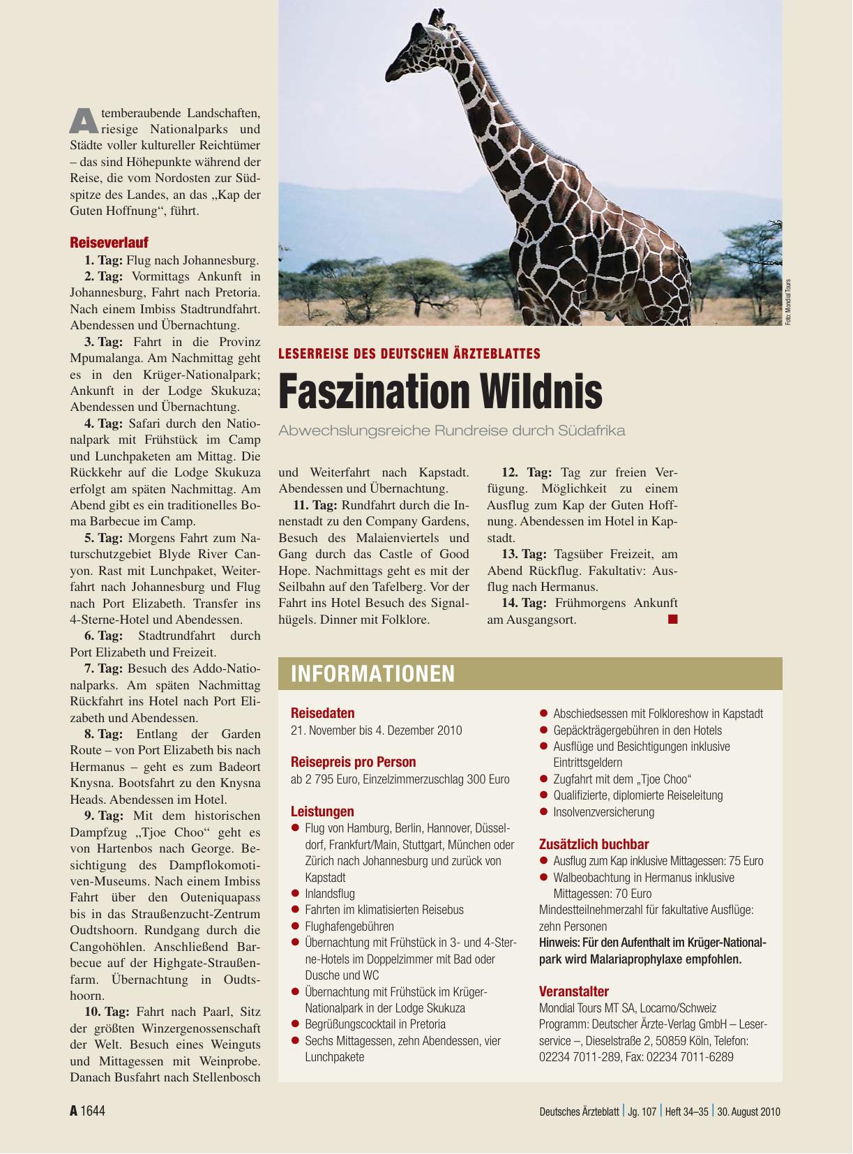 Vorschauseite 1: Leserreise des Deutschen Ärzteblattes: Faszination Wildnis