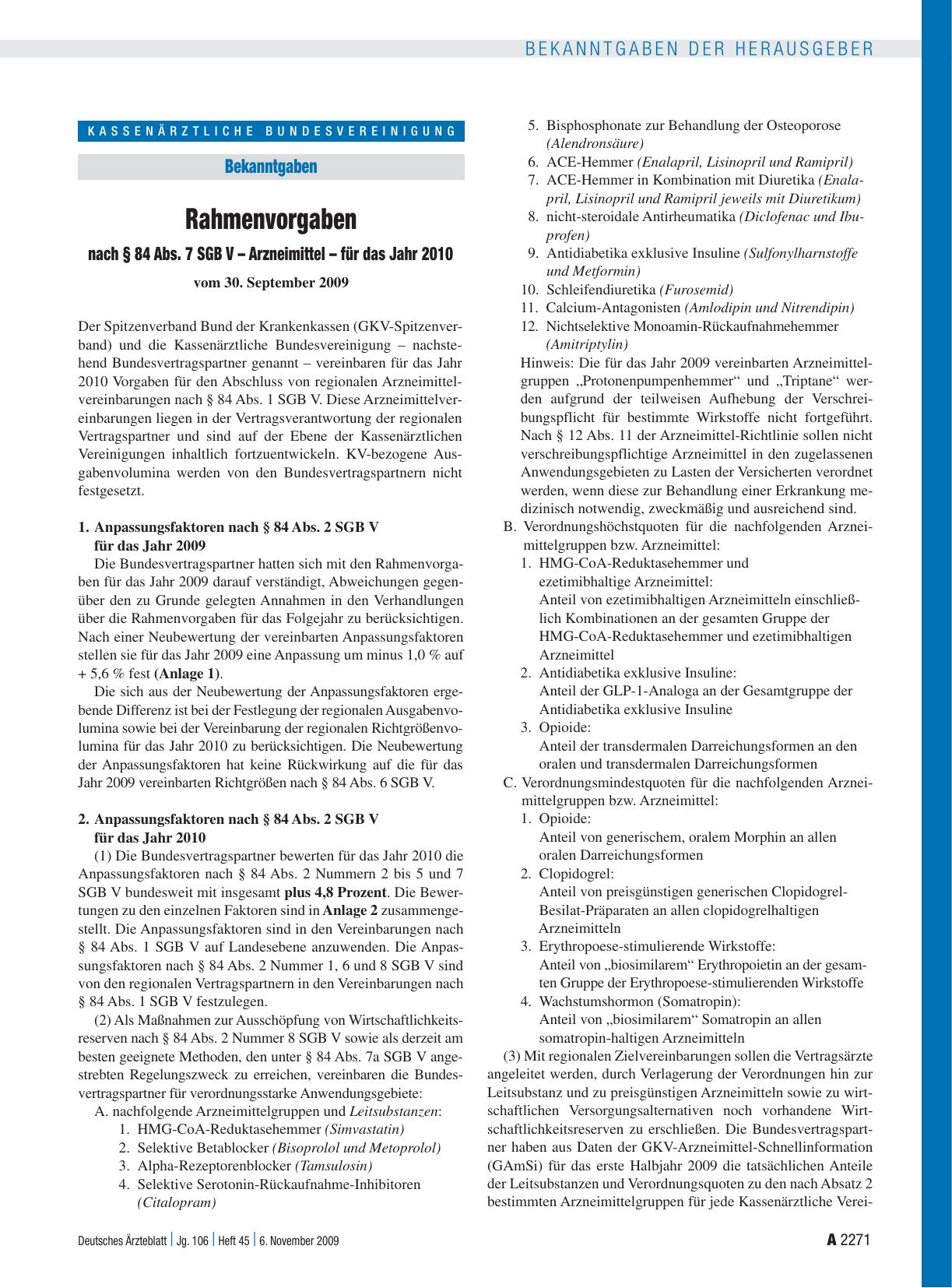 Vorschauseite 1: Bekanntgaben: Rahmenvorgaben nach § 84 Abs. 7 SGB V – Arzneimittel – für das Jahr 2010