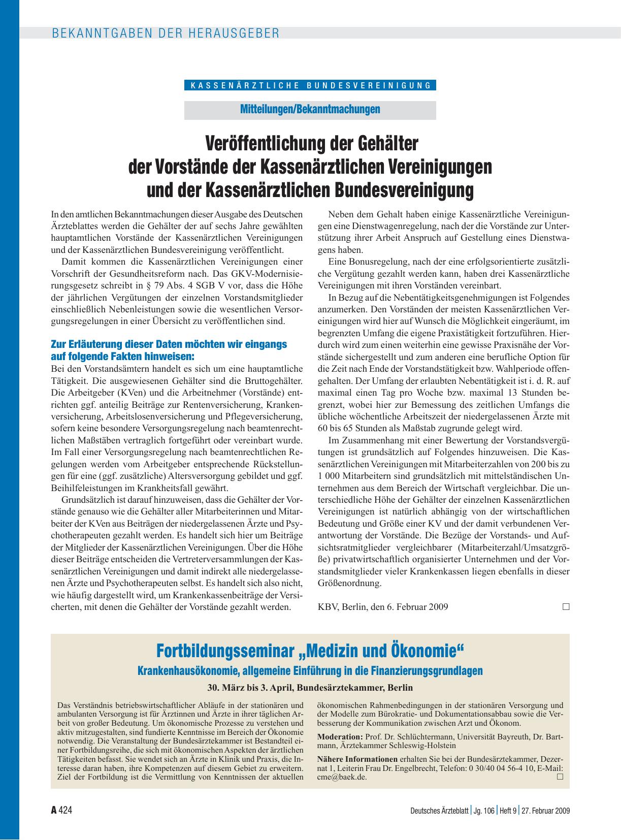 Vorschauseite 1: Mitteilungen/Bekanntmachungen: Veröffentlichung der Gehälter der Vorstände der Kassenärztlichen Vereinigungen und der Kassenärztlichen Bundesvereinigung