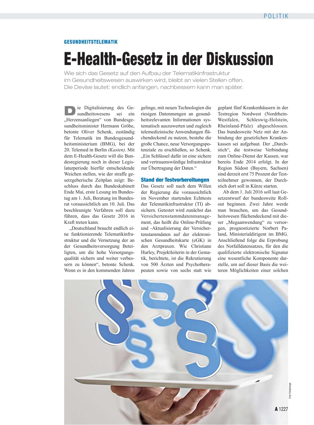 Vorschauseite 1: Gesundheitstelematik: E-Health-Gesetz in der Diskussion