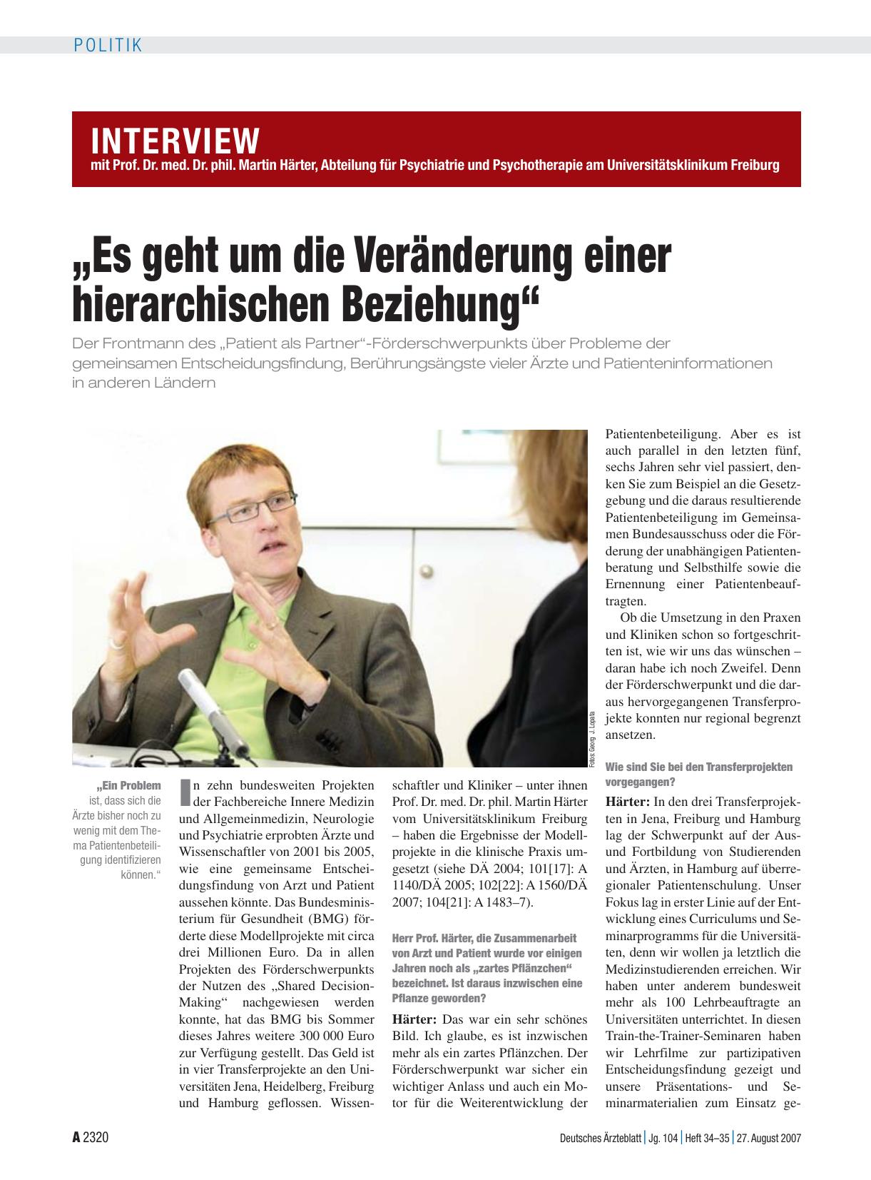 Vorschauseite 1: Interview mit Prof. Dr. med. Dr. phil. Martin Härter, Abteilung für Psychiatrie und Psychotherapie am Universitätsklinikum Freiburg: „Es geht um die Veränderung einer hierarchisch…