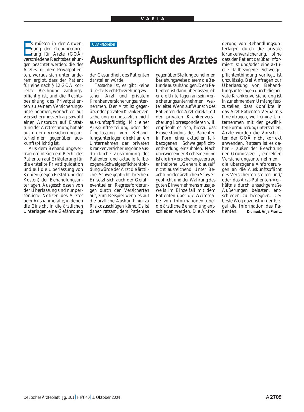 Vorschauseite 1: Auskunftspflicht des Arztes