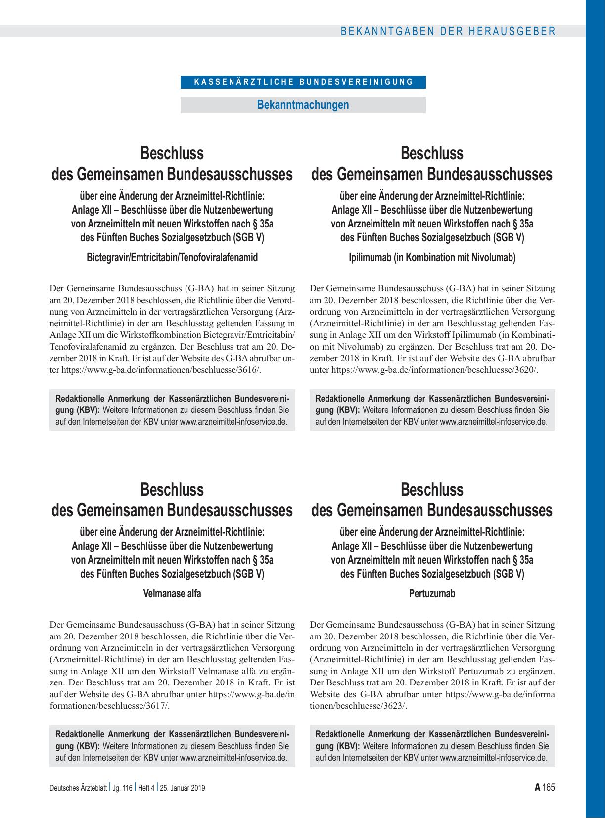 Vorschauseite 1: Beschluss des Gemeinsamen Bundesausschusses über eine Änderung der Arzneimittel-Richtlinie: Anlage XII – Pertuzumab