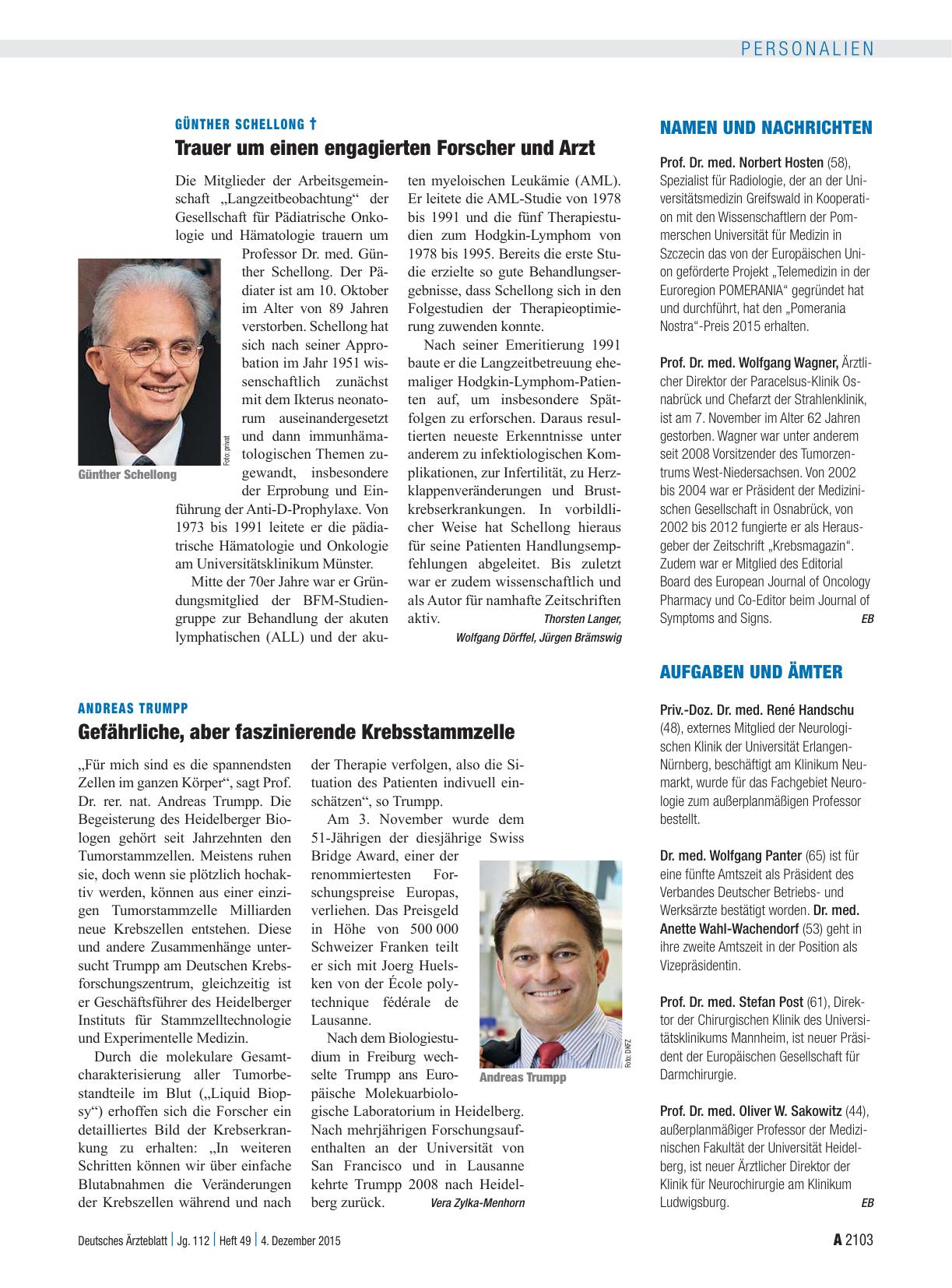Vorschauseite 1: Günther Schellong †: Trauer um einen engagierten Forscher und Arzt
