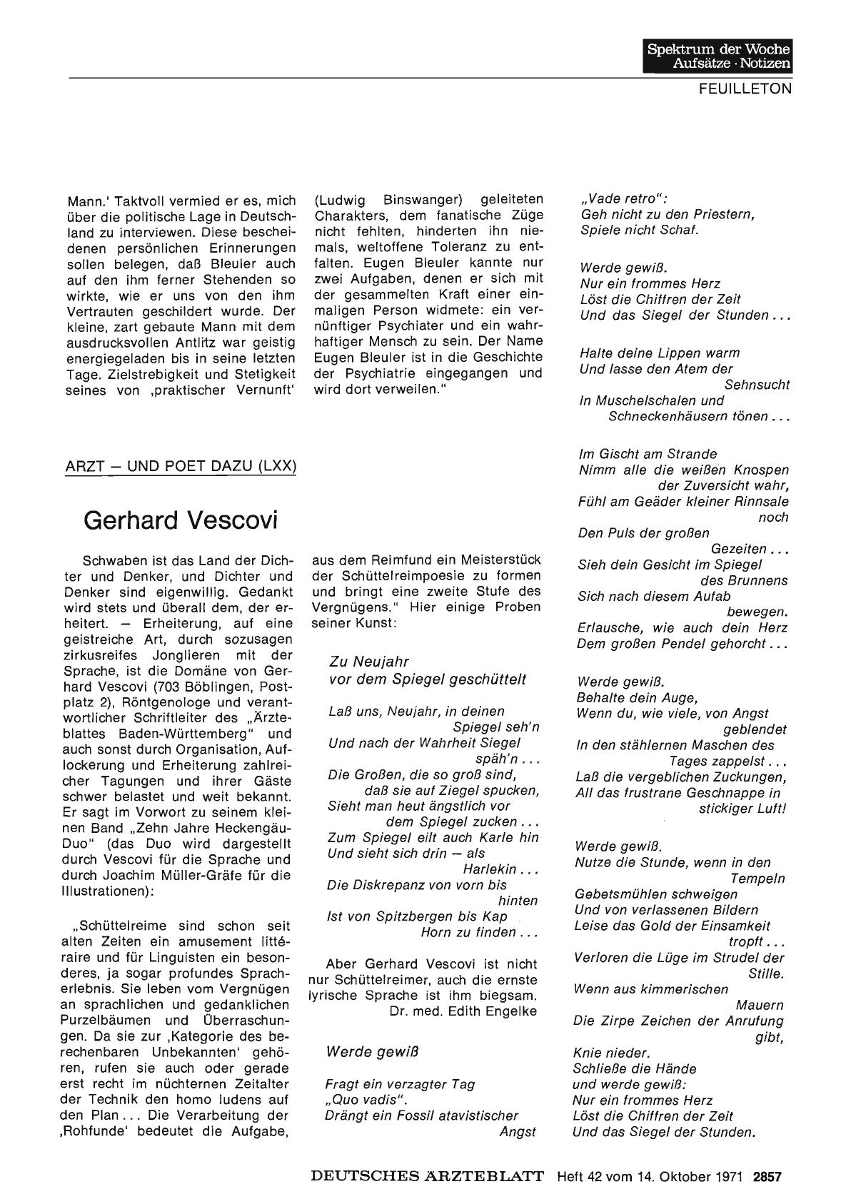 Vorschauseite 1: Arzt — und Poet dazu (LXX) Gerhard Vescovi