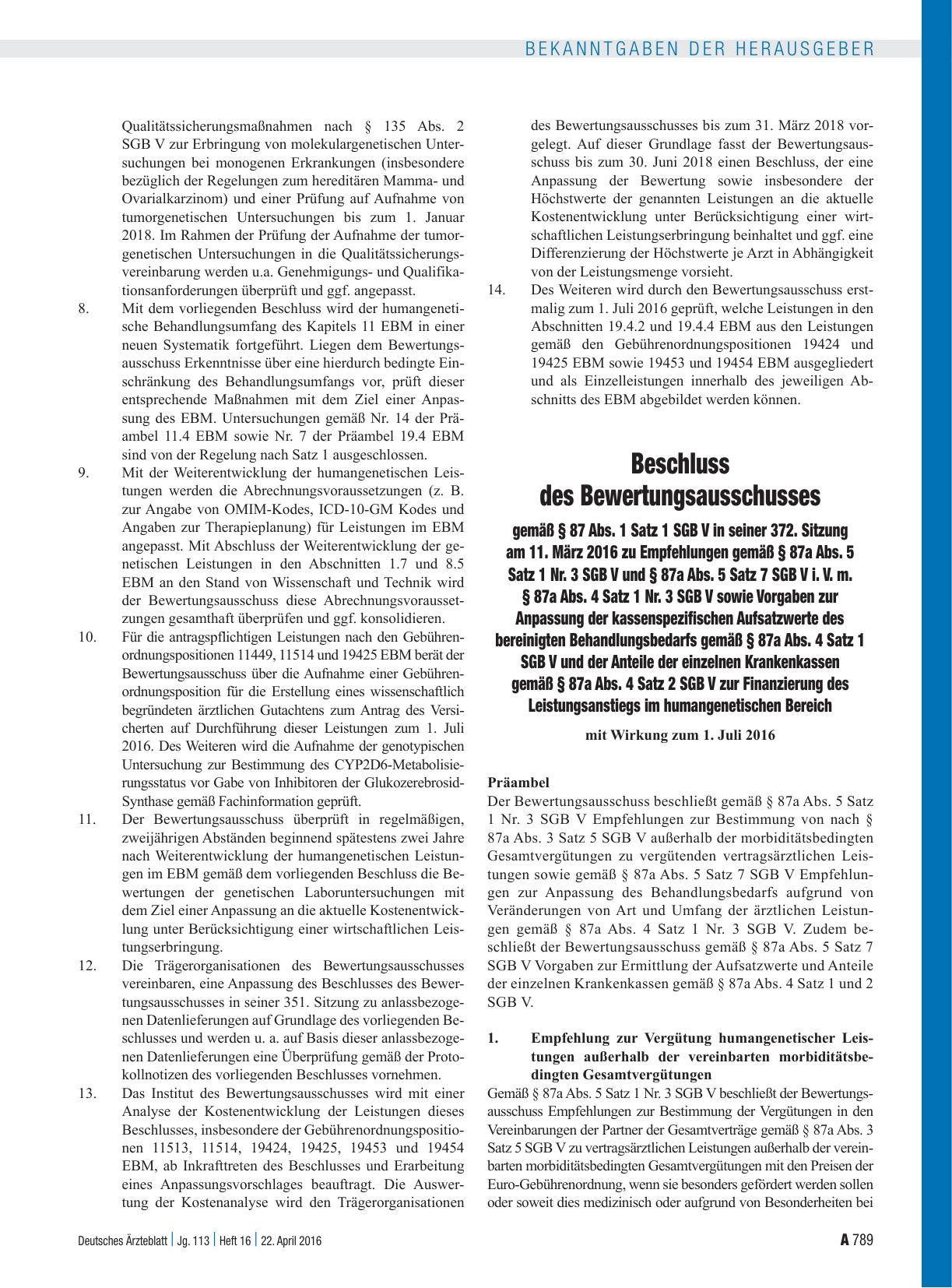 Vorschauseite 1: Beschluss des Bewertungsausschusses gemäß § 87 Abs. 1 Satz 1 SGB V in seiner 372. Sitzung am 11. März 2016 zu Empfehlungen gemäß § 87a Abs. 5 Satz 1 Nr. 3 SGB V und § 87a Abs. 5 S…