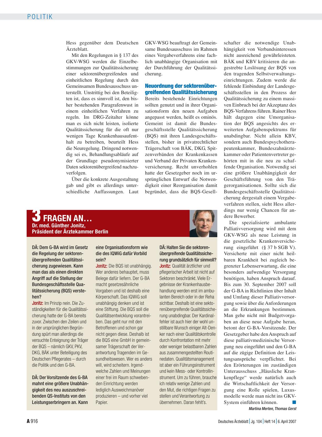 Vorschauseite 1: 3 Fragen an… Dr. med. Günther Jonitz, Präsident der Ärztekammer Berlin