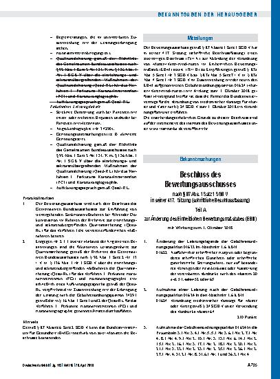 Vorschauseite 1: Beschluss des Bewertungsausschusses nach § 87 Abs. 1 Satz 1 SGB V in seiner 417. Sitzung (schriftliche Beschlussfassung): Teil A, Teil B