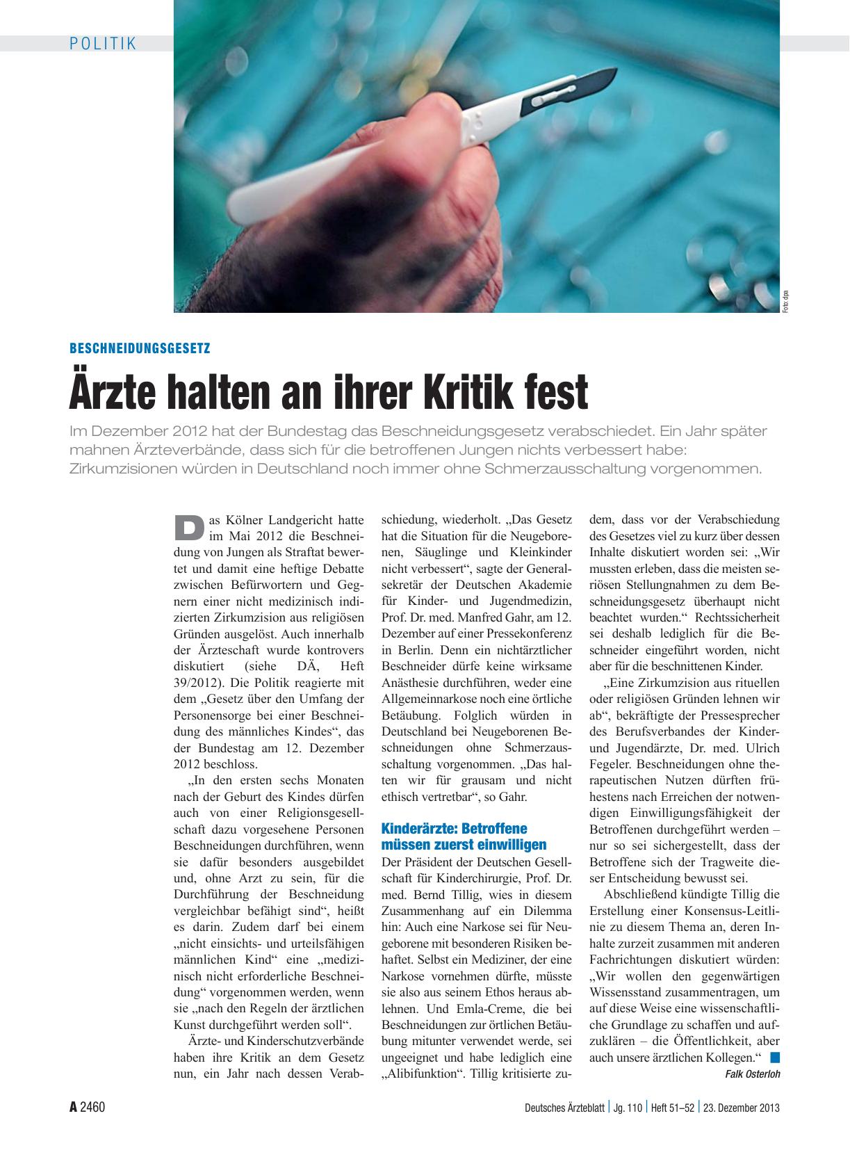 Vorschauseite 1: Beschneidungsgesetz: Ärzte halten an ihrer Kritik fest