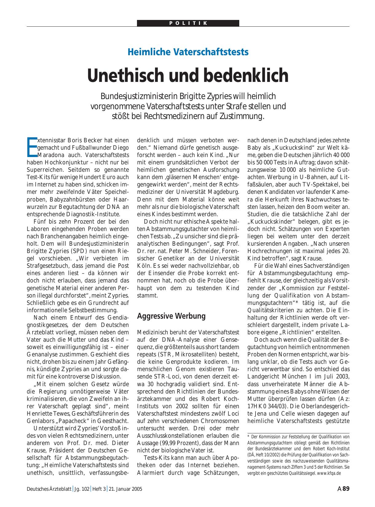 Vorschauseite 1: Heimliche Vaterschaftstests: Unethisch und bedenklich