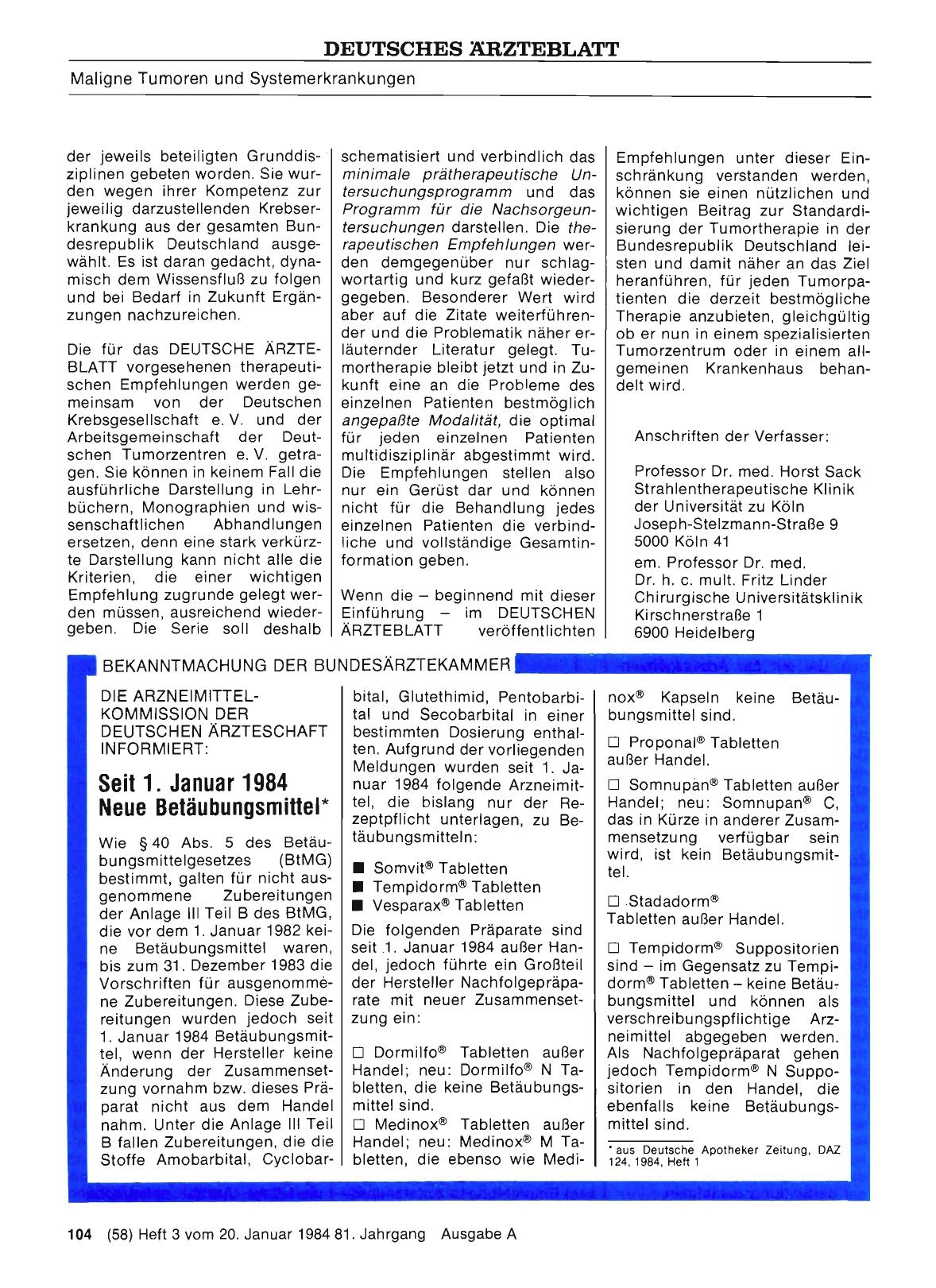 Vorschauseite 1: Die Arzneimittelkommission der deutschen Ärzteschaft gibt bekannt: Seit 1. Januar 1984 Neue Betäubungsmittel