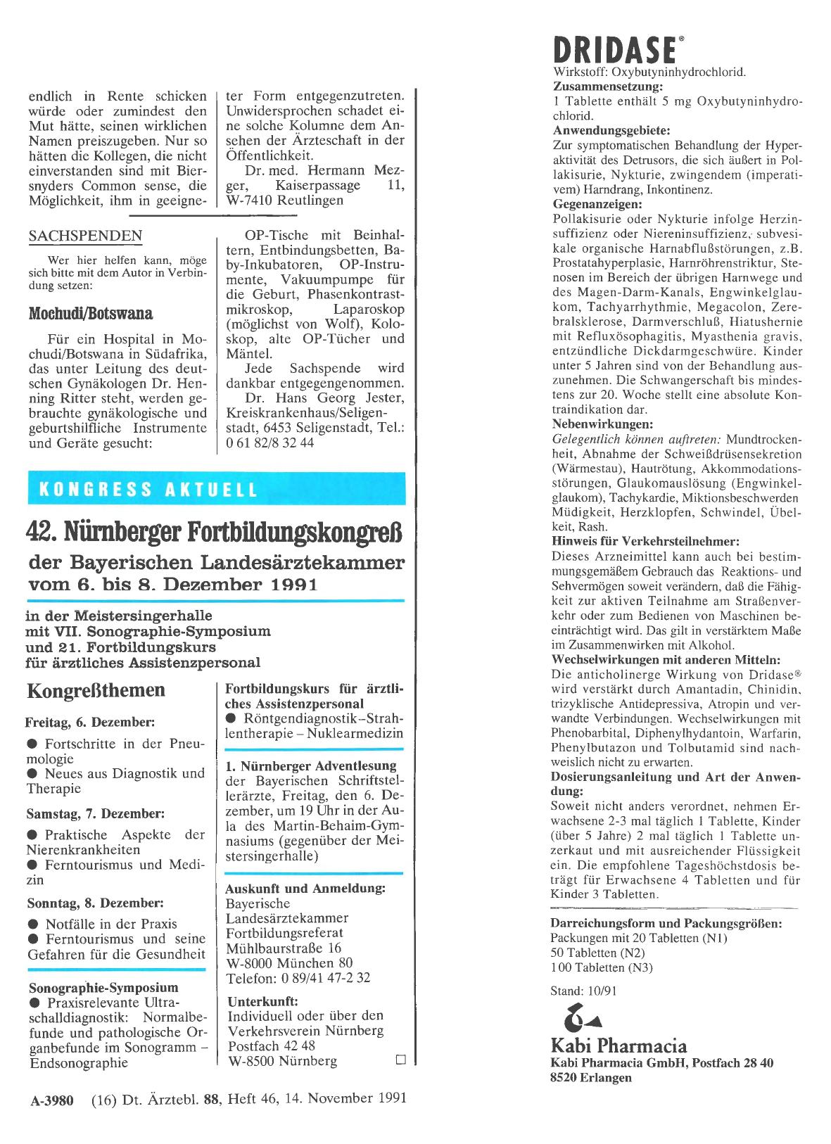 Vorschauseite 1: 42. Nürnberger Fortbildungskongreß der Bayerischen Landesärztekammer vom 6. bis 8. Dezember 1991