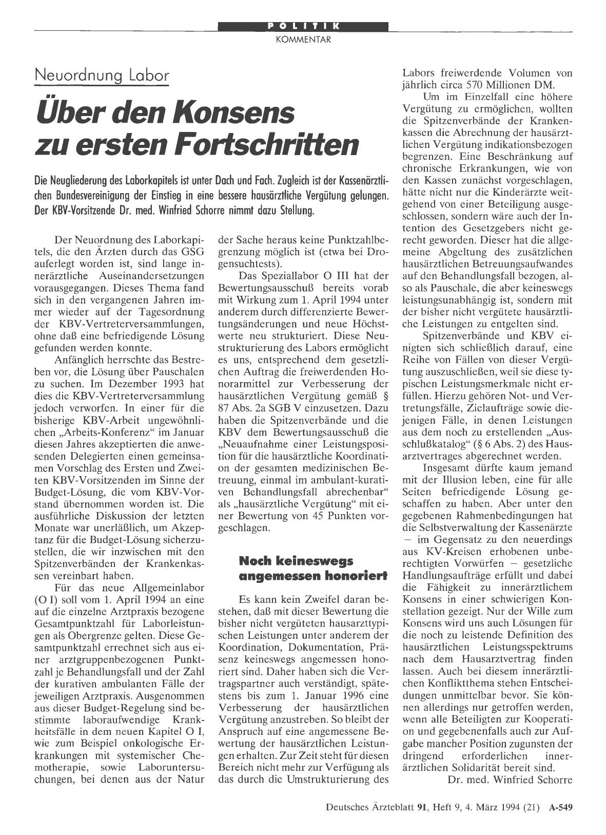 Vorschauseite 1: Neuordnung Labor: Über den Konsens zu ersten Fortschritten
