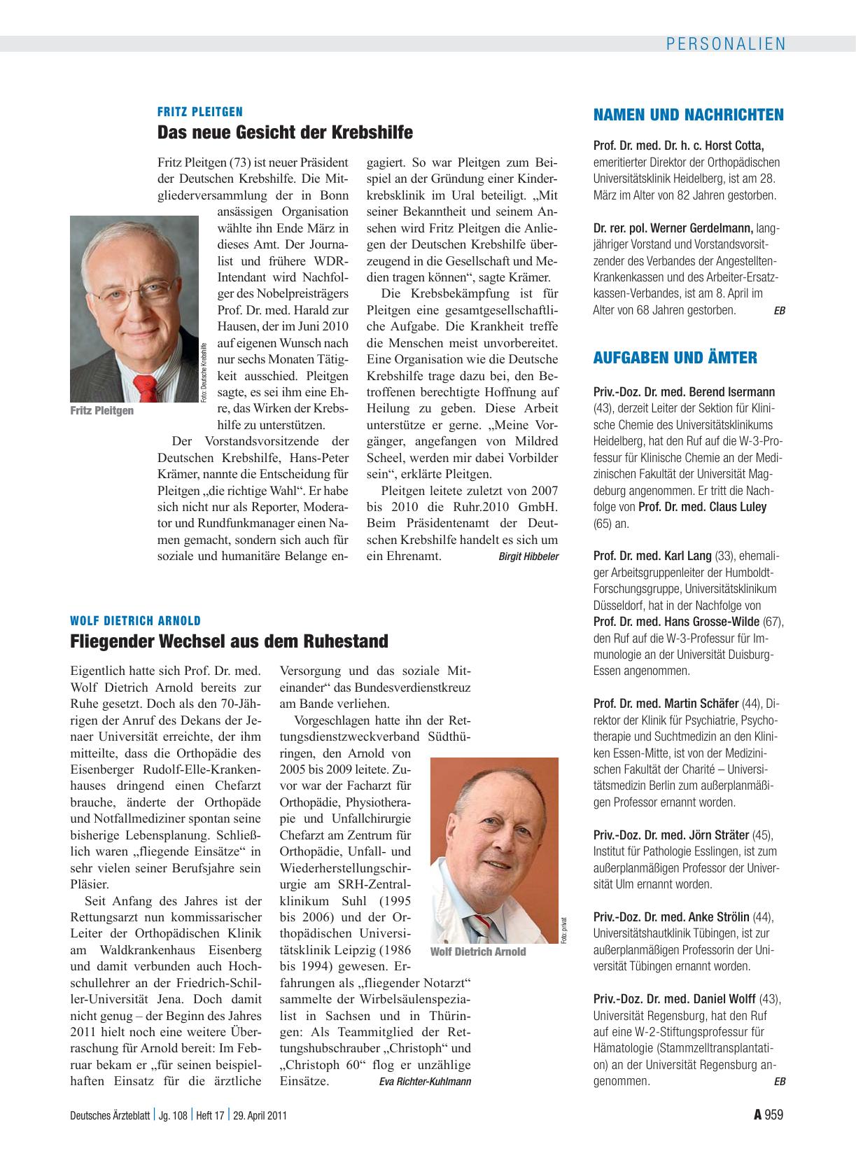 Vorschauseite 1: Fritz Pleitgen: Das neue Gesicht der Krebshilfe
