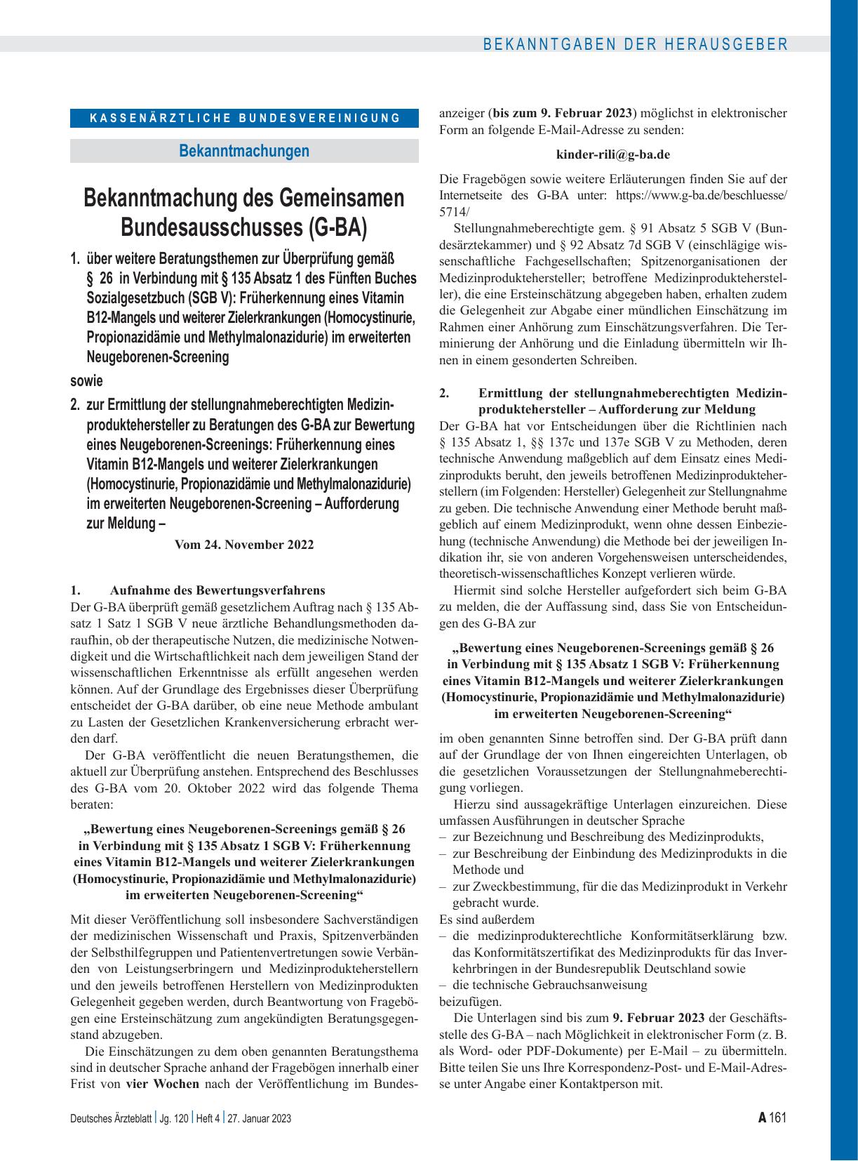Vorschauseite 1: Bekanntmachung des Gemeinsamen Bundesausschusses (G-BA) 1. über weitere Beratungsthemen zur Überprüfung gemäß § 26 in Verbindung mit § 135 Absatz 1 des Fünften Buches Sozialgesetz…